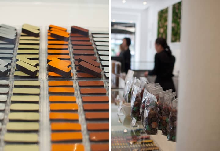 Delicate colorful Japanese Pastries in Paris at Sadaharu Aoki bakery (left). The bakery counter with packets of chocolates (right). 