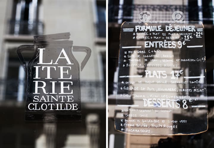 The window of Paris restaurant Laiterie Saint Clothilde near Le Bon Marché with a picture of jug on it (left) and the chalkboard menu in the window (right).