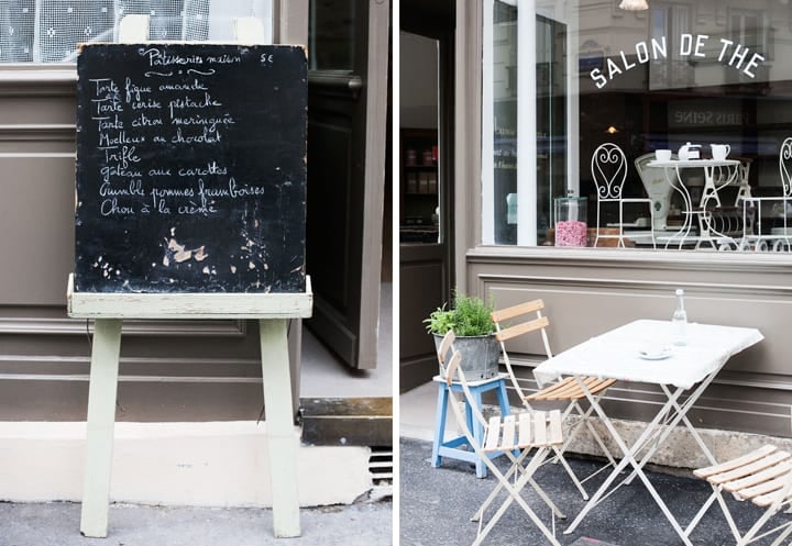 Best restaurants near Le Bon Marché like Mamie Gateaux with its chalkboard menu outside (left) and outdoor seating (right).