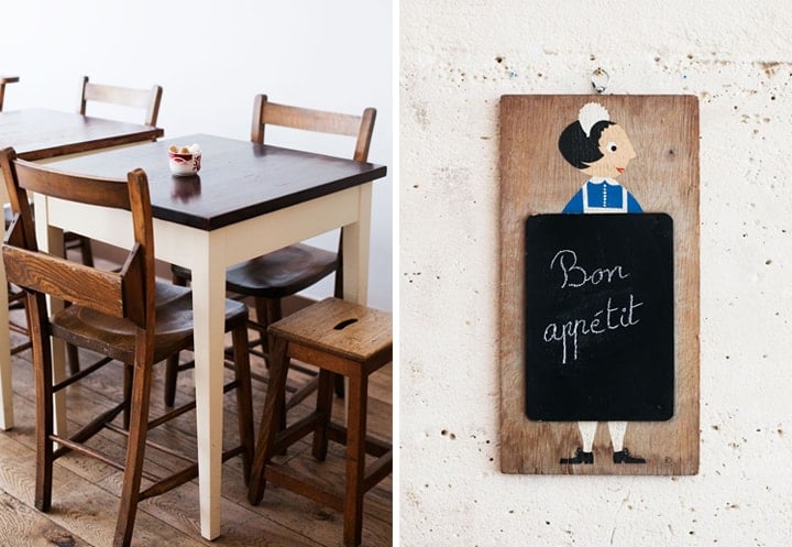 Best restaurants near Le Bon Marché like Mamie Gateaux and its flea-market wooden chairs and tables (left) and fun touches like this chalkboard of a woman saying 'Bon appétit' (right).