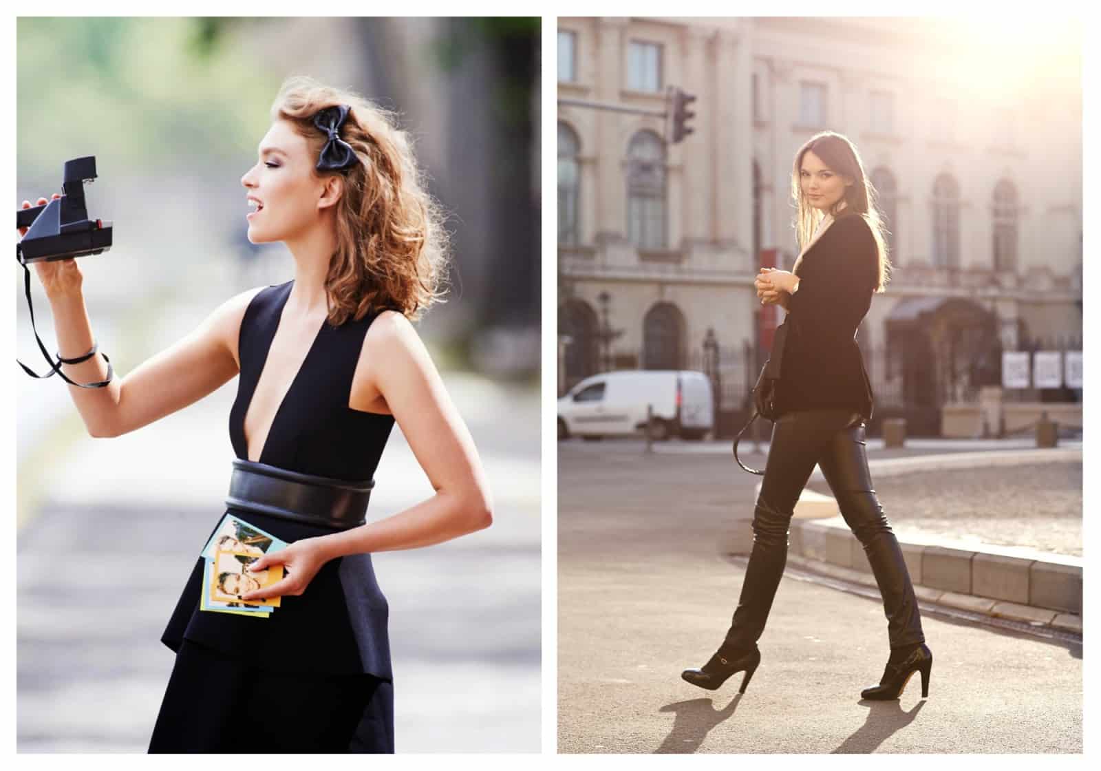 French Chic is all about decoding the Secrets of Paris Fashion, like this Parisian woman who wears a daring low-cut dress and who's taking a polaroid selfie (left). Or this Parisian woman who wears leather pants with high heels and conservative cardigan (right).