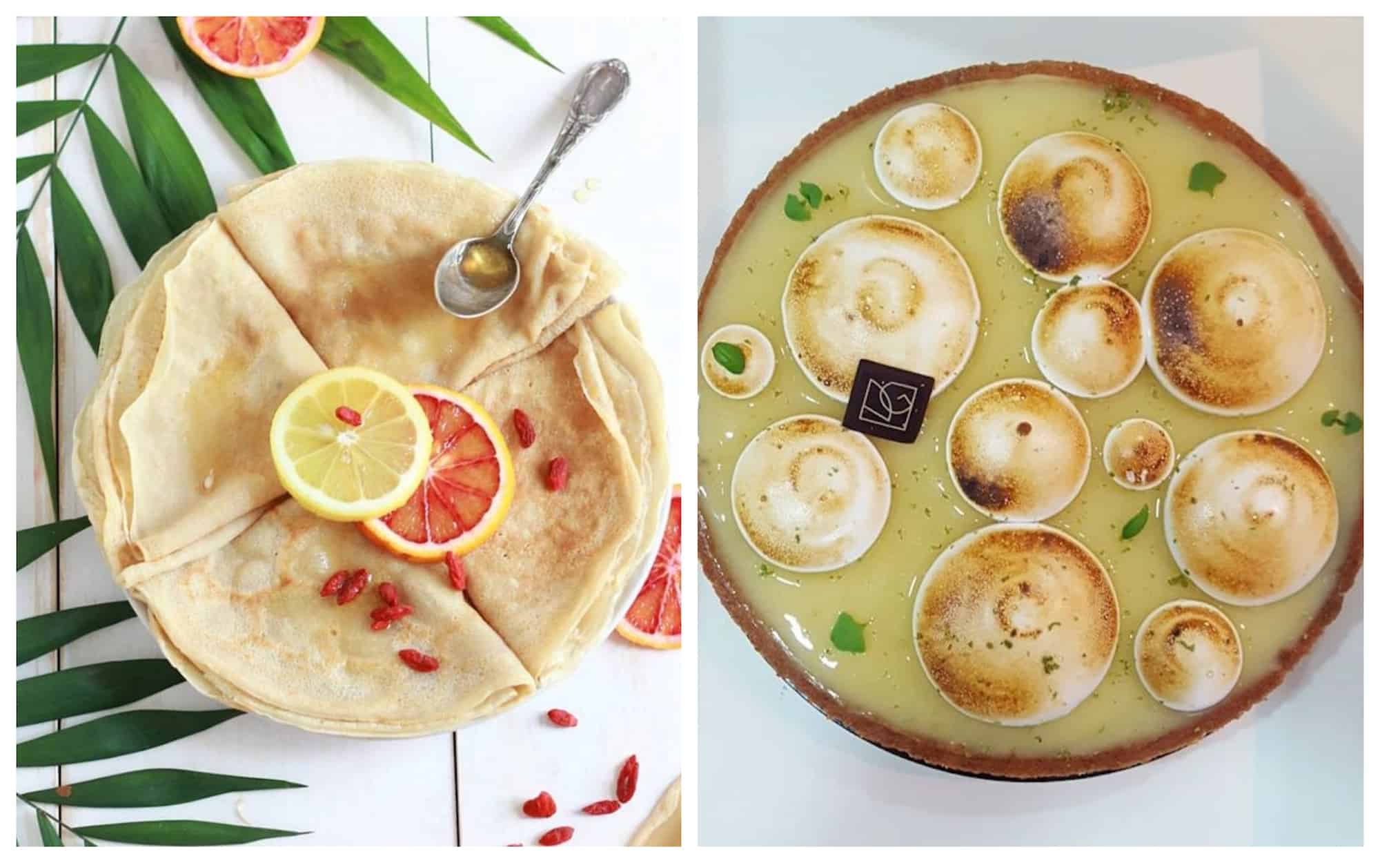 Top vegan bakery eat in Paris, VG patisserie offers delicate lemon and goji berry pancakes (left) and lemon meringue tarts (right).