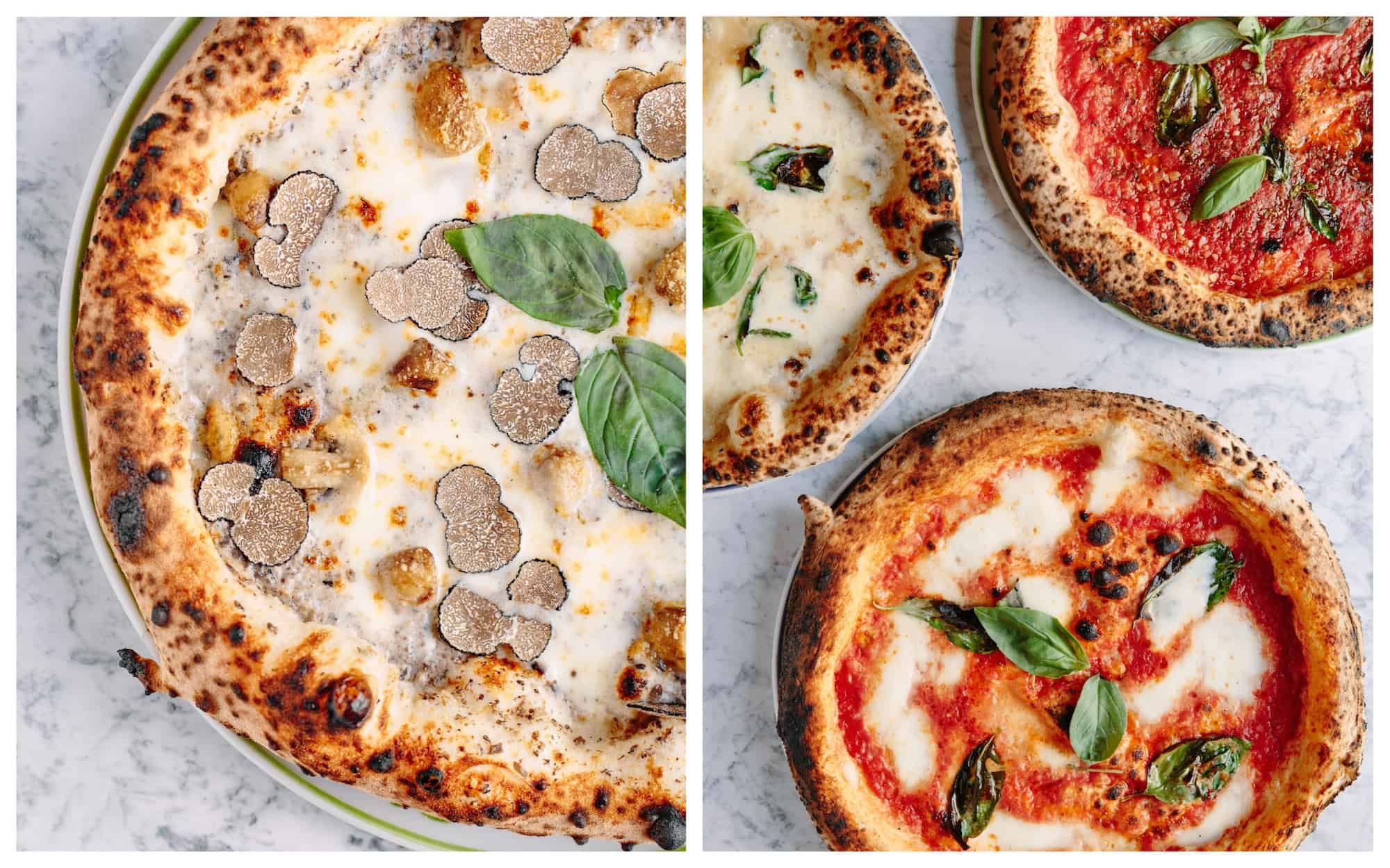 The Big Mamma Group offers Trendy, Fresh, Authentic Italian Dining in Paris like truffle pizzas (left) or with simple mozzarella and tomato toppings (right).