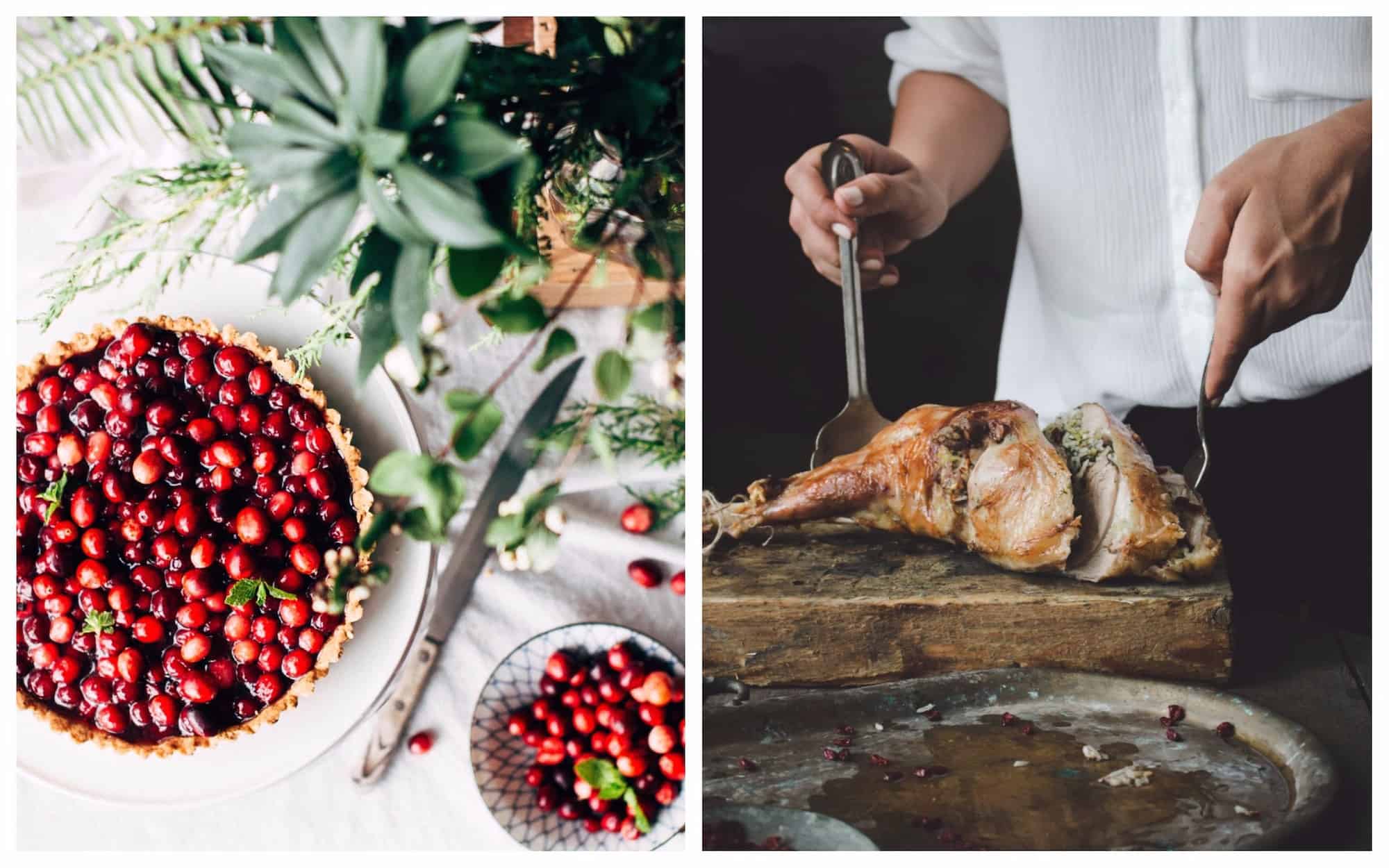 Left: A circular cranberry pie served in a white dish; Right: A person scoops a chopped roasted turkey with two silver serving utensils.