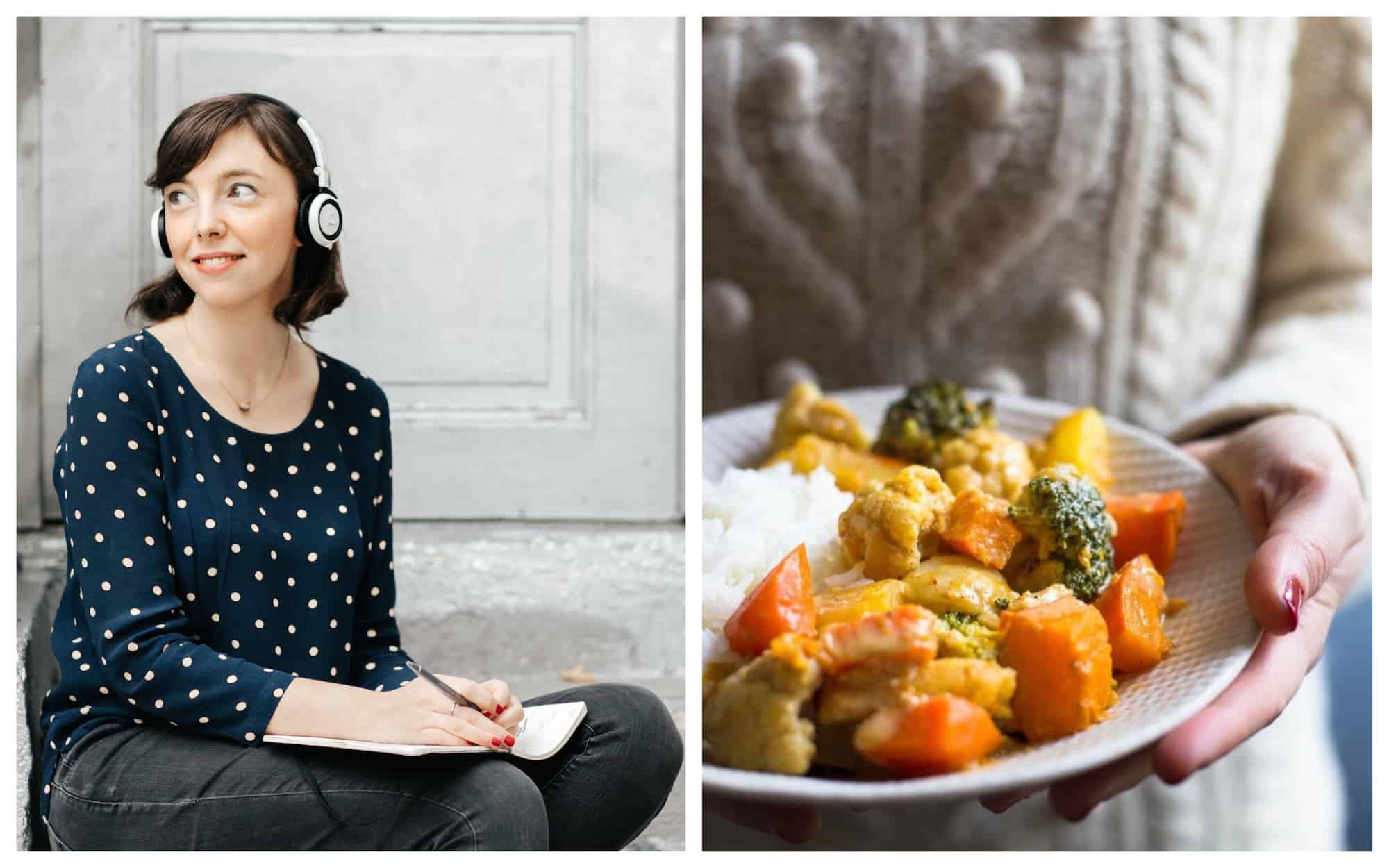HiP Paris Blog rounds up the top French podcasts to listen to while you sit on the steps of a square somewhere in Paris, watching life go by, like this girl in a navy polka-dot top, smiling (left). They can also be useful in telling you where to go for the best food in Paris like this dish of curried vegetables being carried by a woman in a woolly sweater (right).