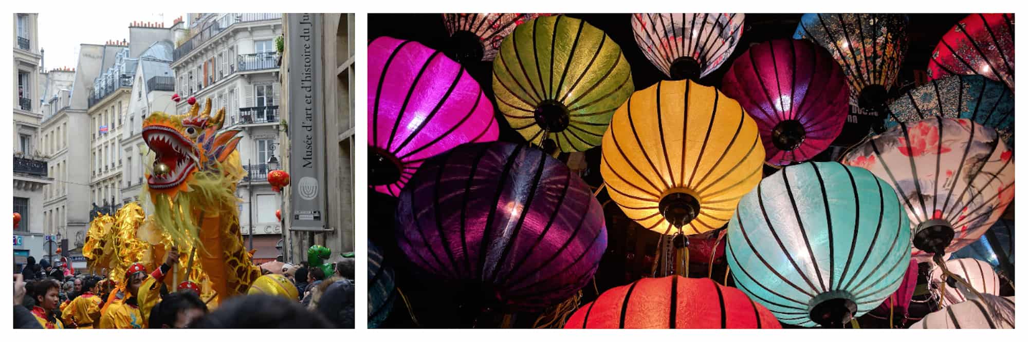 HiP Paris Blog rounds up the top events in Paris this February like where to celebrate Chinese New Year in Paris, and see the colorful dragons dance (left) and lanterns in the streets (right).
