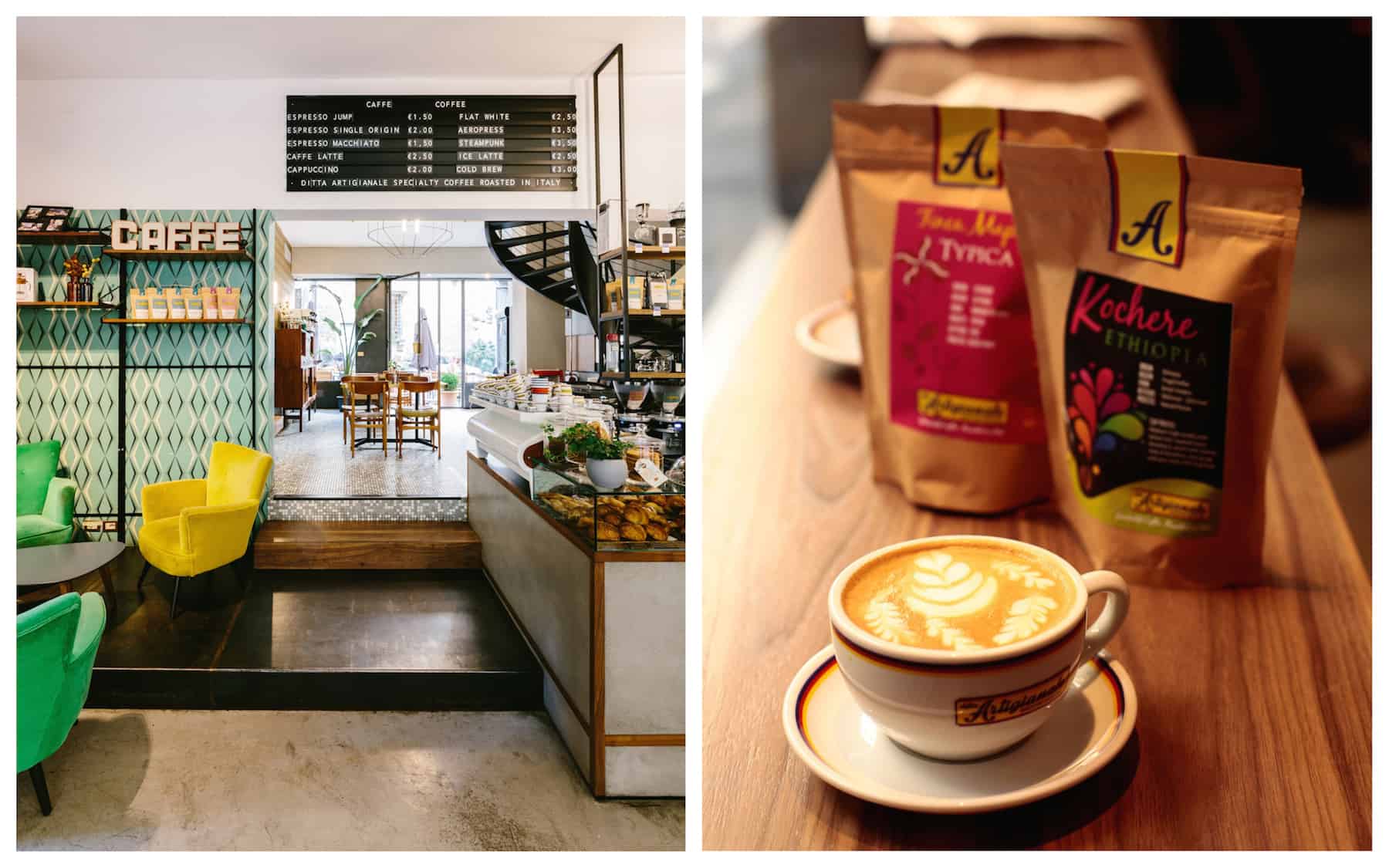 One of the best coffee shops in Florence is Ditta Artigianale for its bright interiors (left) and fresh produce including great coffee (right).