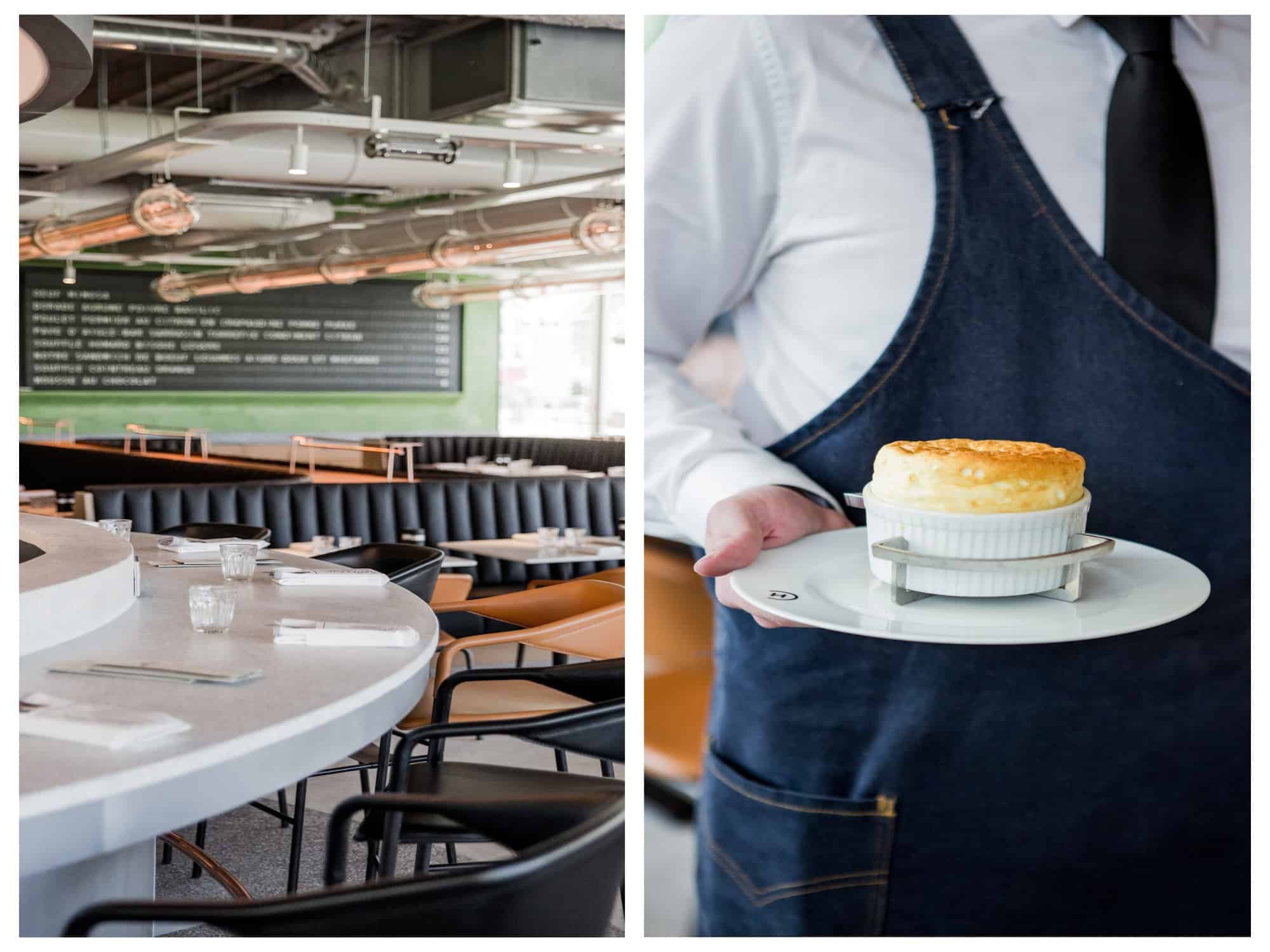Alain Ducasse's Champeaux restaurant in Chatelet is one of the best places to eat souffle in Paris (right) and has contemporary diner-style interiors (left).