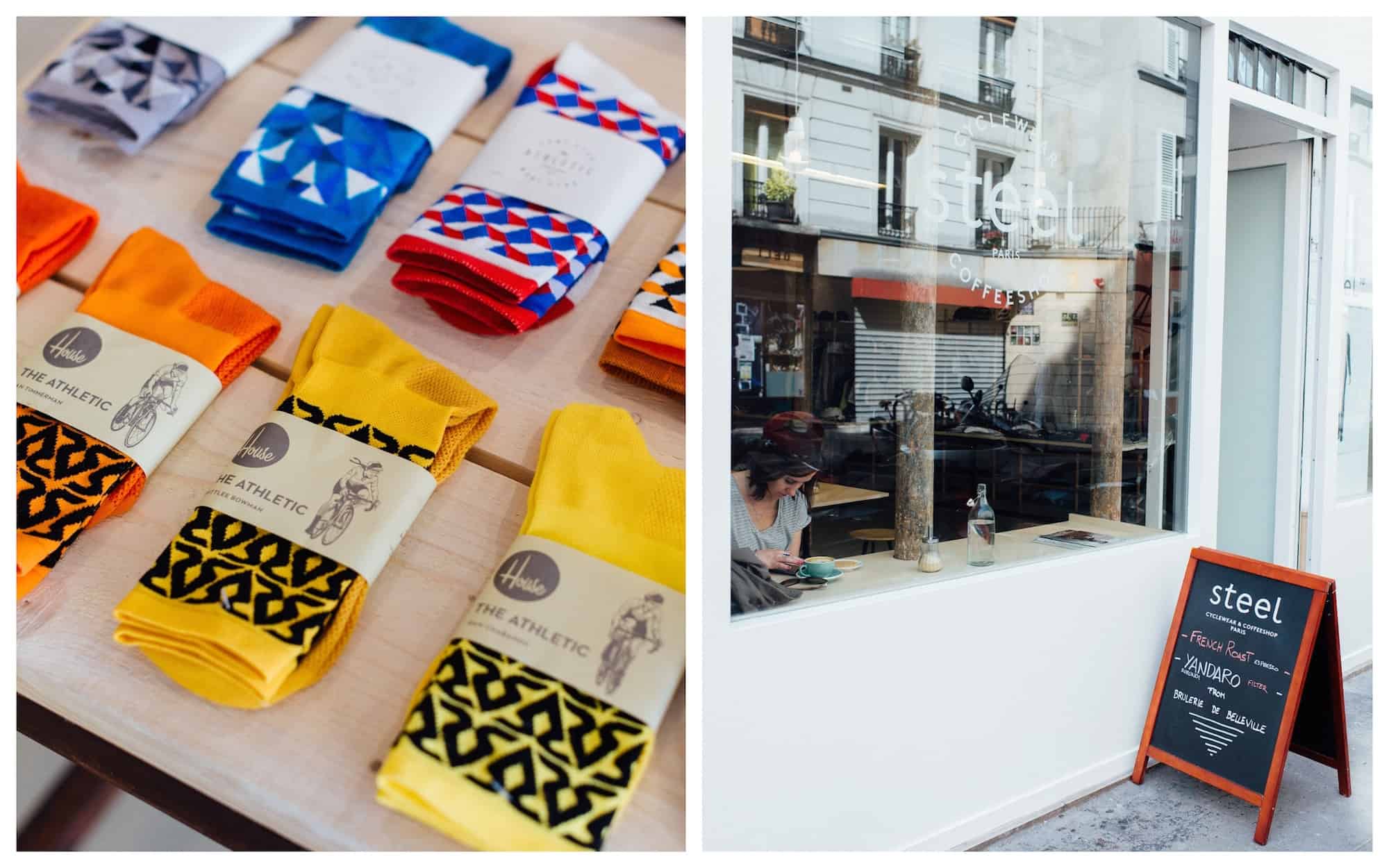 Colorful socks with zany patterns at Paris concept store Steel Cyclewear (left). Outside Steel Cyclewear Paris concept store cafe with a chalkboard menu (right).