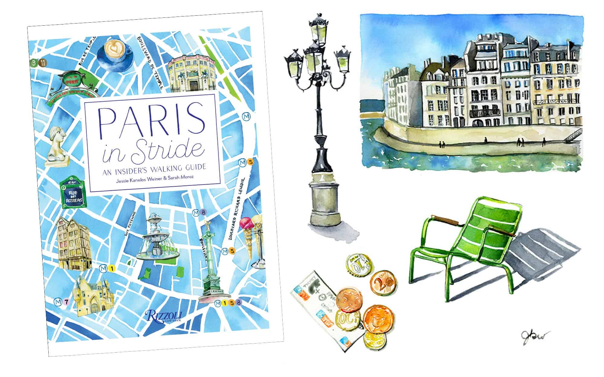One of the best illustrated Paris guide books by artist Jessie Kanelos Weiner. The cover (left), and illustrations of the River Seine (left).