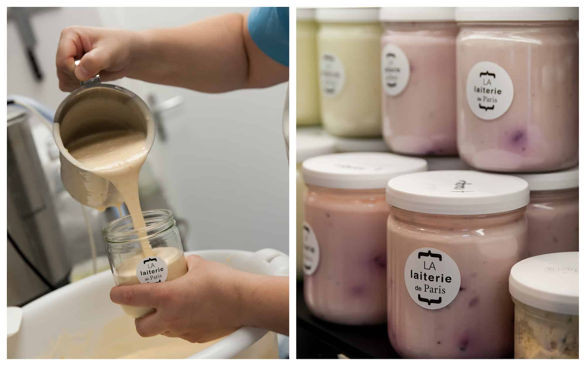 La Laiterie is Paris' first cheese dairy, which also makes yoghurts like the one being poured into a jar (left). La Laiterie makes a selection of yoghurts (right).