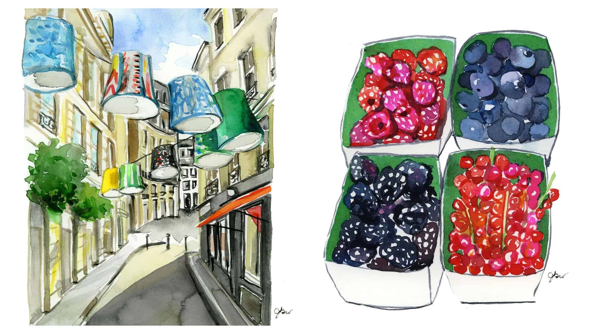One of our favorite guidebooks to Paris, illustrated with beautiful pictures like the streets of Paris during Design Week (left) and fresh fruit at market stalls (right).