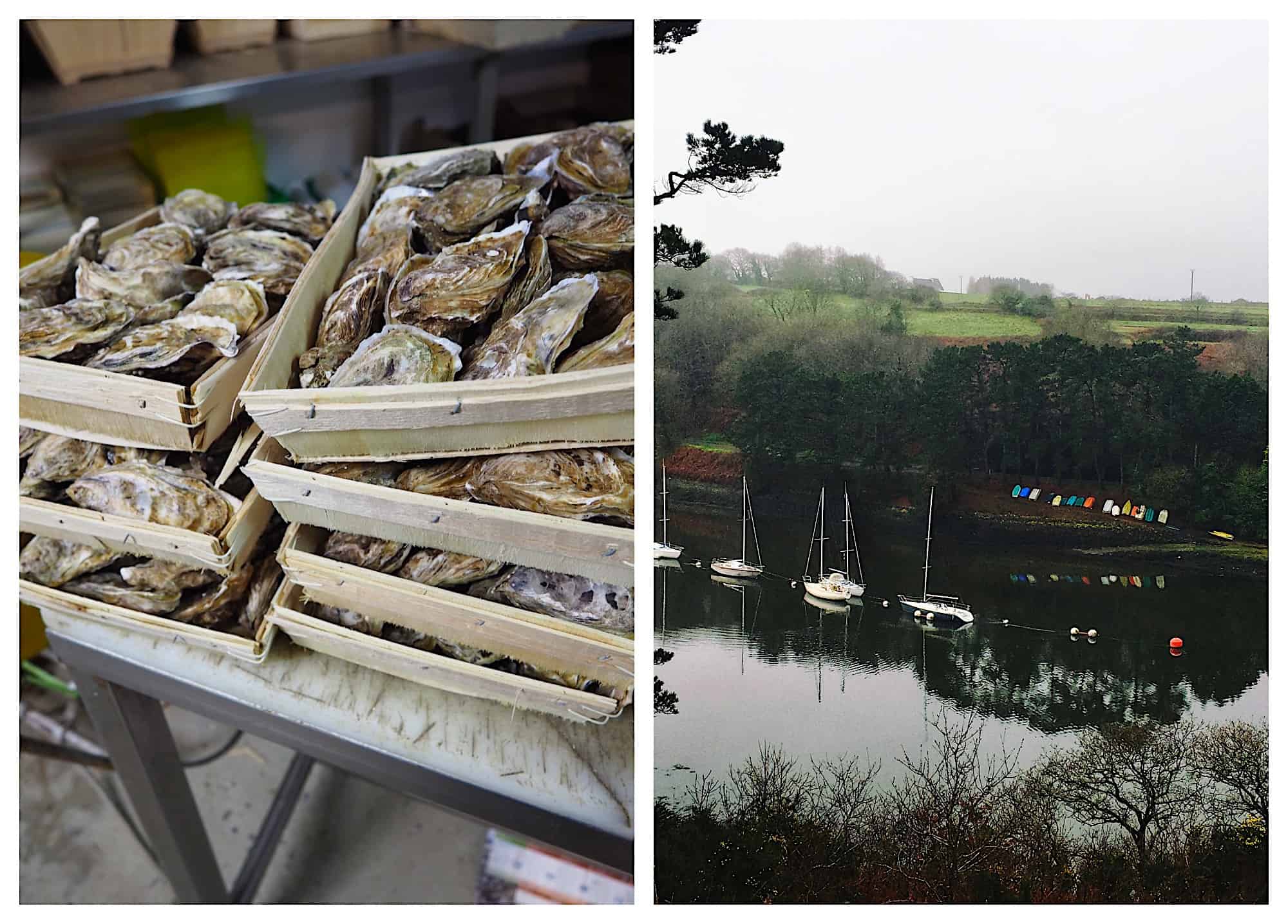 A foodie guide to Brittany, France, including where to have the best oysters (left) and where to take walks along the water (right).