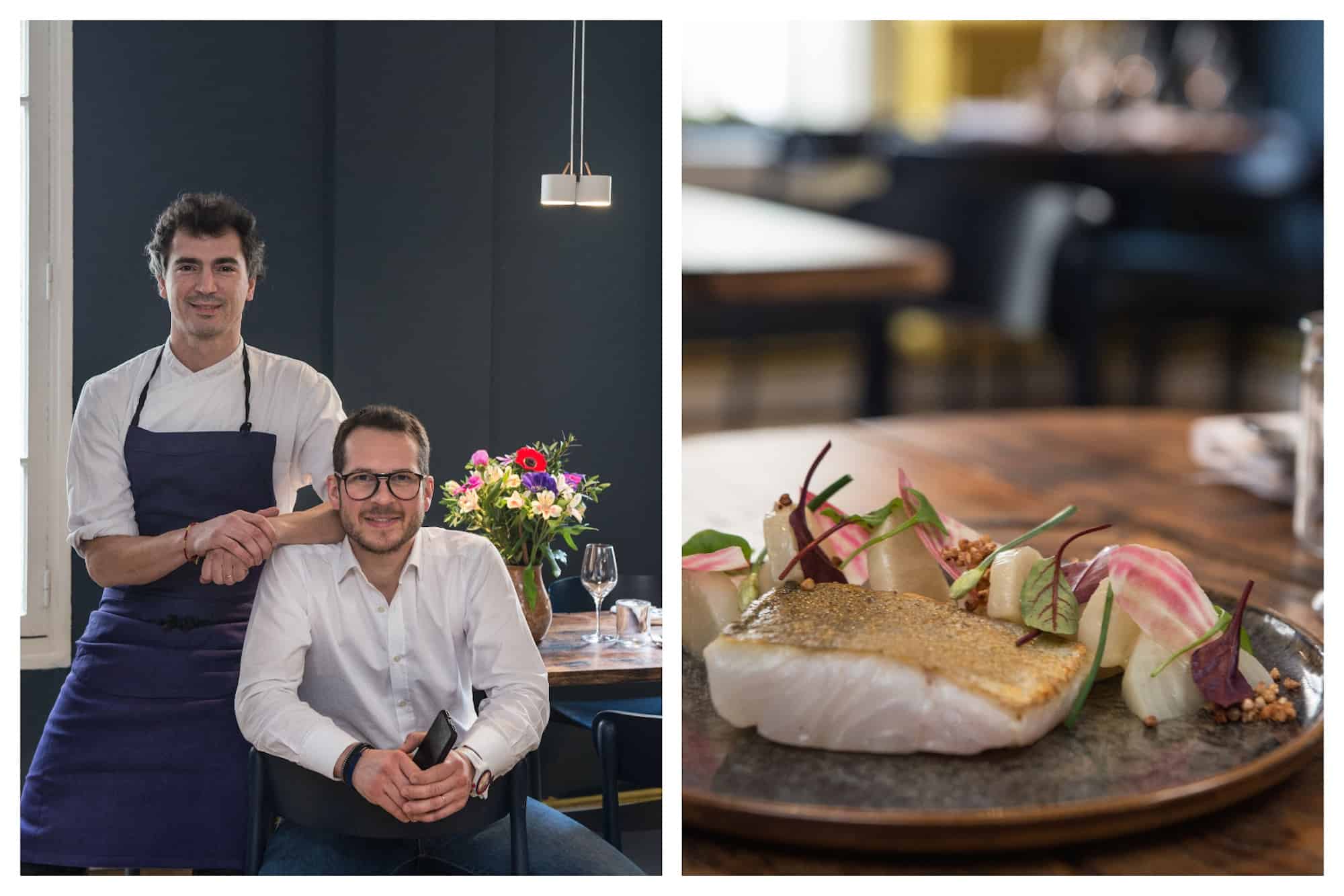 The founders of Paris fish restaurant Belle Maison (left). Fresh fish with vegetables on a wooden table at Belle Maison restaurant (right). 