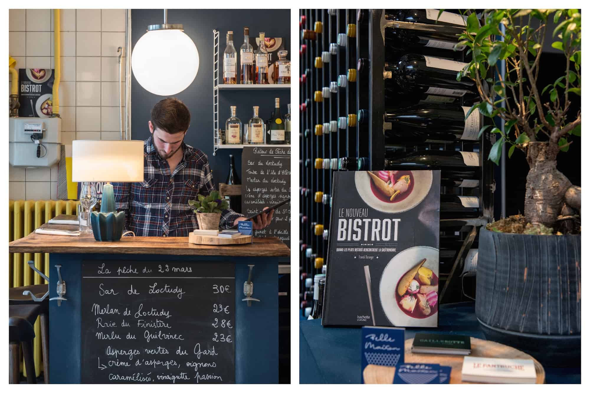 The restaurant to go for fresh fish in Paris' South Pigalle area is Belle Maison, with its nautical theme (left). The Belle Maison restaurant book (right).