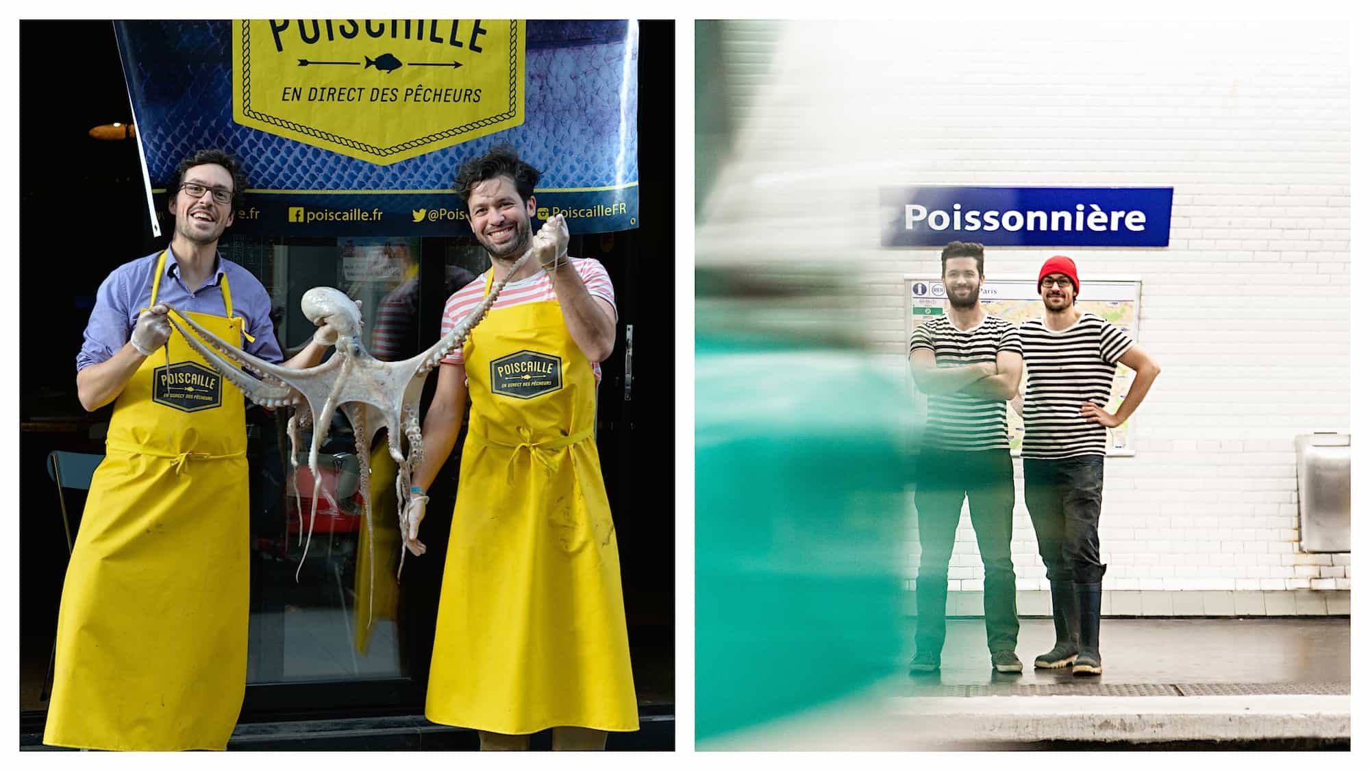 The founders of Poiscaille ethical seafood startup in France with an octopus (left). The Poiscaille Paris ethical fish startup at Poissonnière metro station in Paris, wearing matching stripy mariner t-shirts (right).