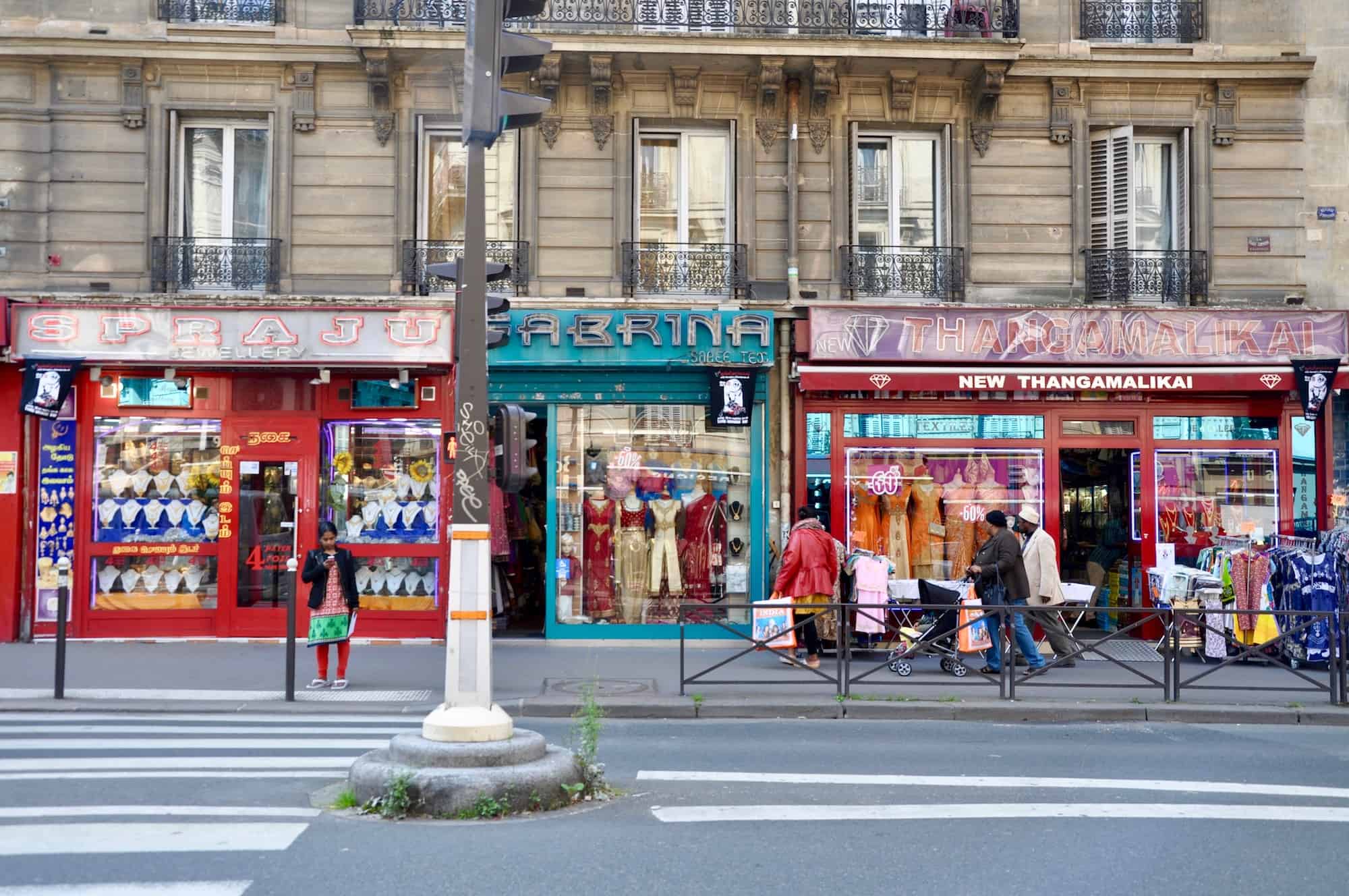 Paris' Little India multicultural neighborhood with its saree shops, restaurants, supermarkets and jewelers.