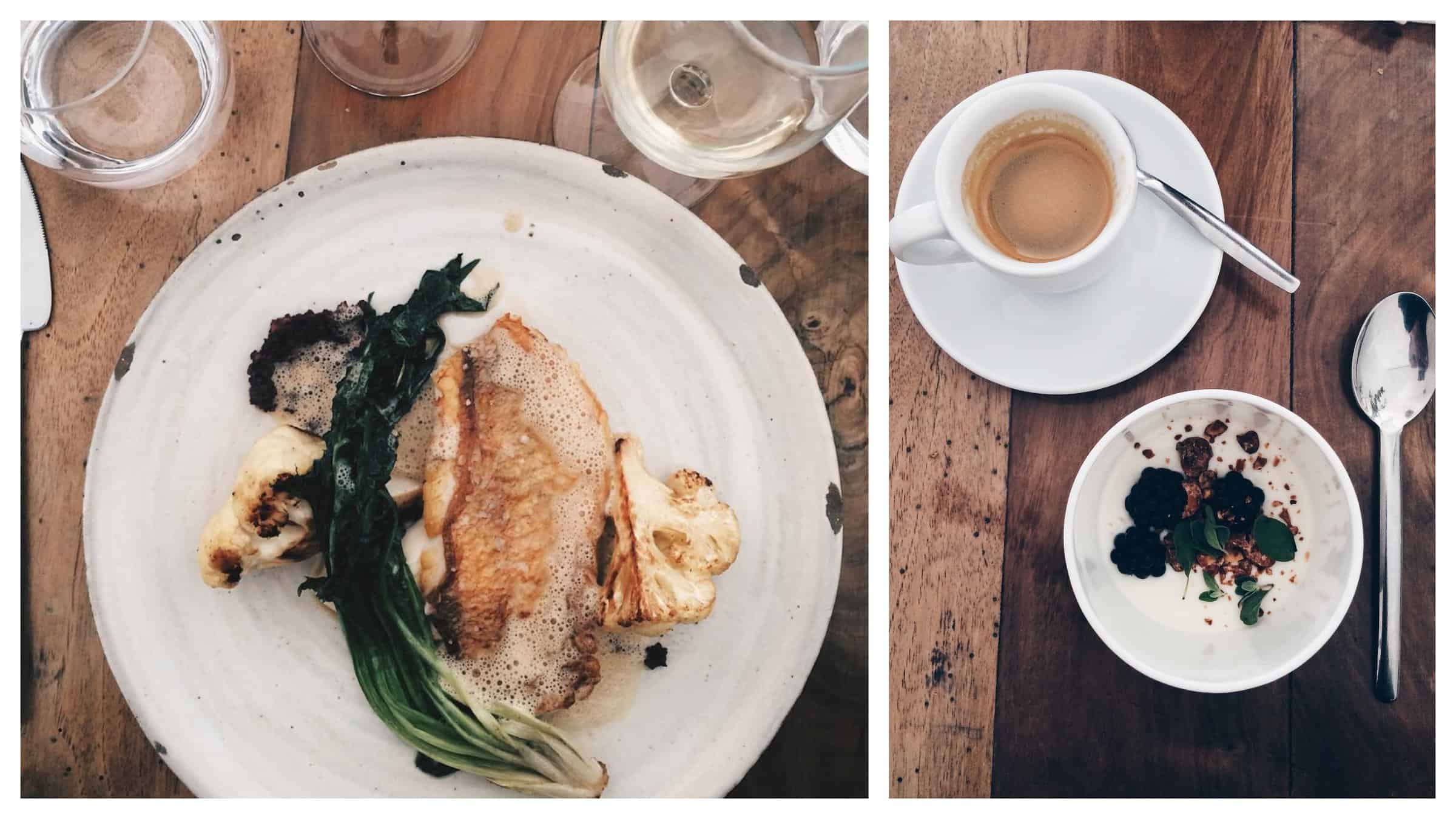 One of the best bistros for French food in Paris, is Dilia for its meat and vegetable dishes (left) and dessert with coffee (right).