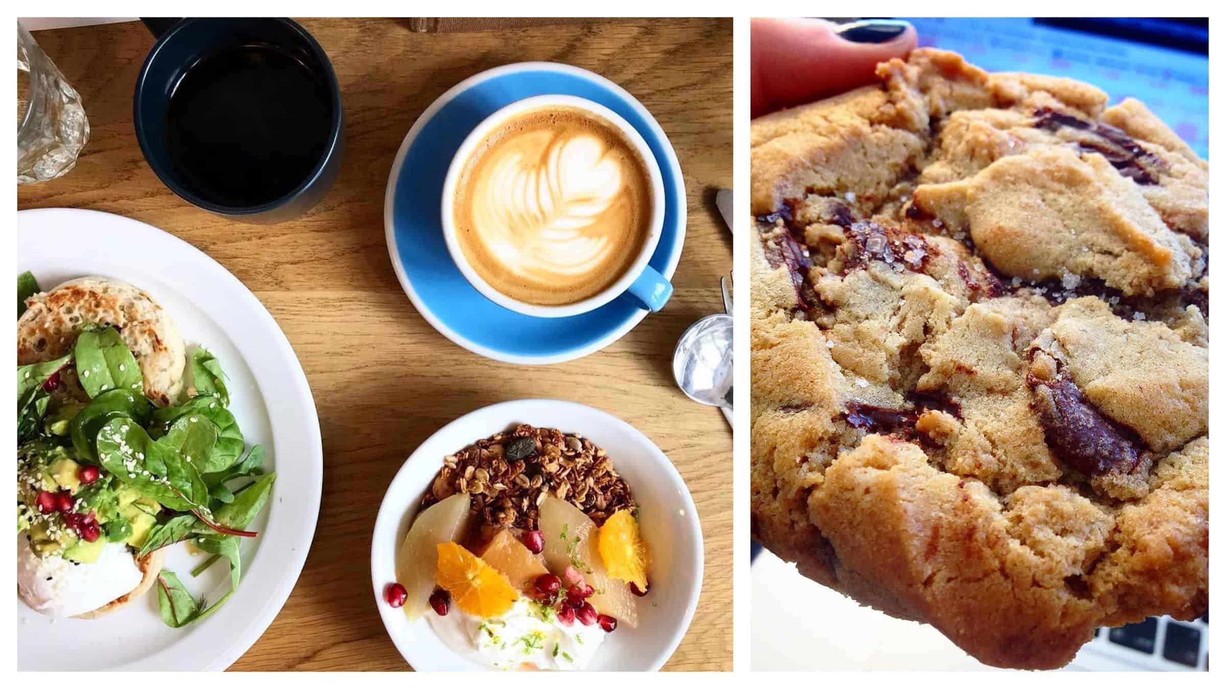 A go-to coffee shop for breakfast in Paris, Neighbours serves great homemade salads, pancakes, granola and coffee (left), as well as gooey chocolate-chip cookies (right).
