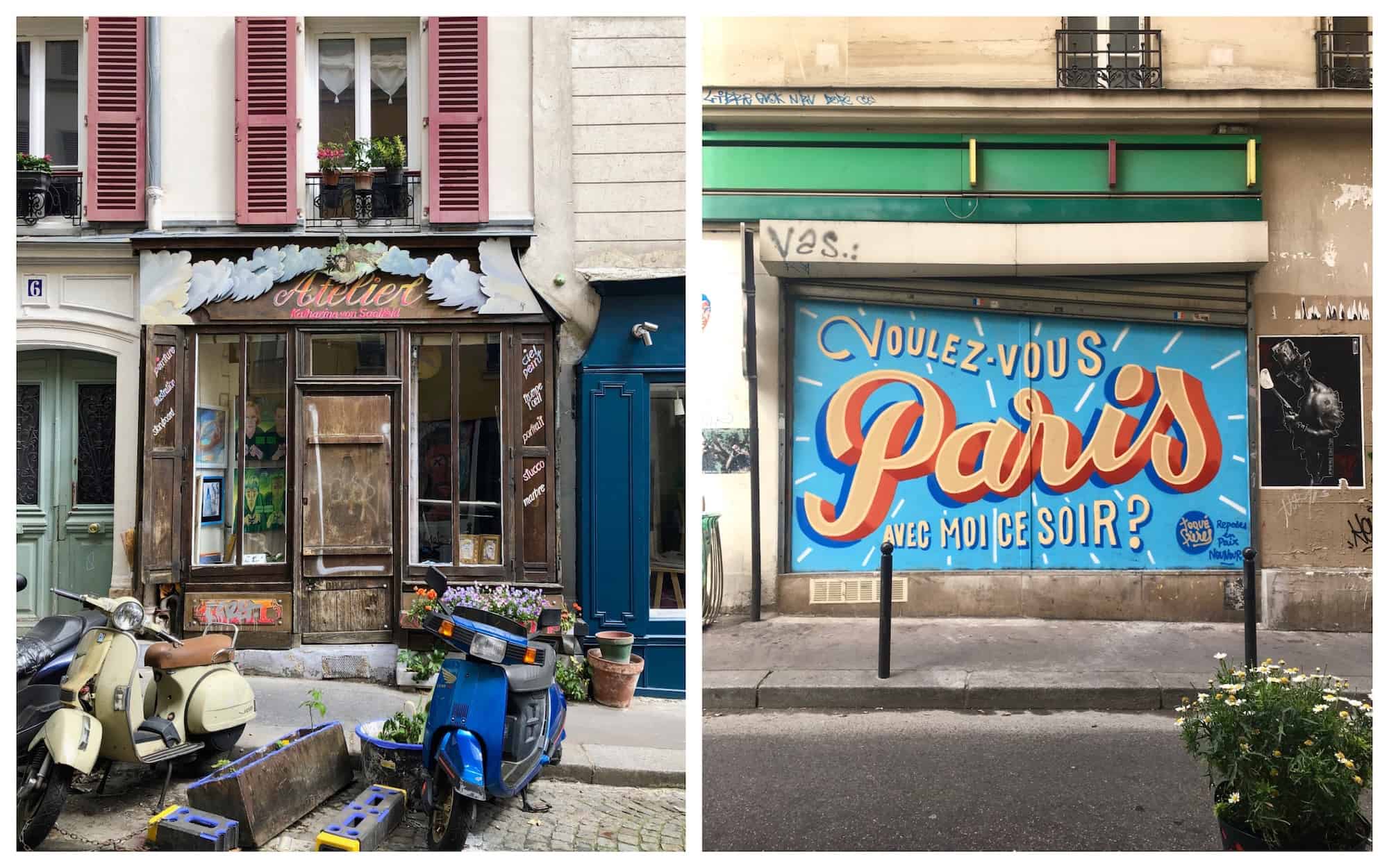 Living in Paris is all about spotting charming bars, restaurants and shops in the city, like this one with an old wood facade (left). Street art by the Toqué Frères on a shop front (right). 