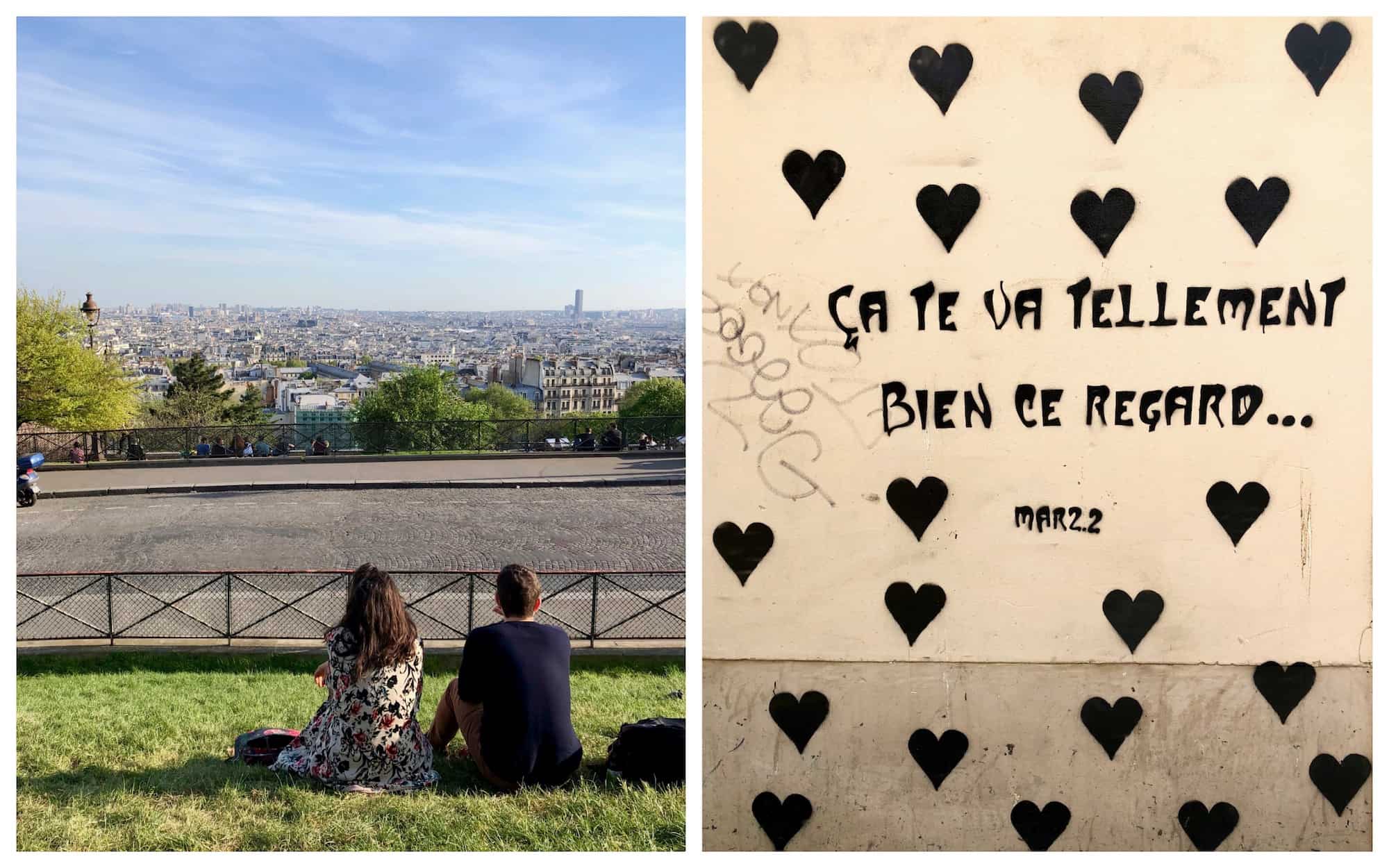 Learning French in Paris is easiest when you make friends so you can practise, like this young woman and man looking out at the views of the Paris rooftops in Montmartre (left). It also means you can understand the street art in Paris like this piece: that look in your eyes suits you so well.