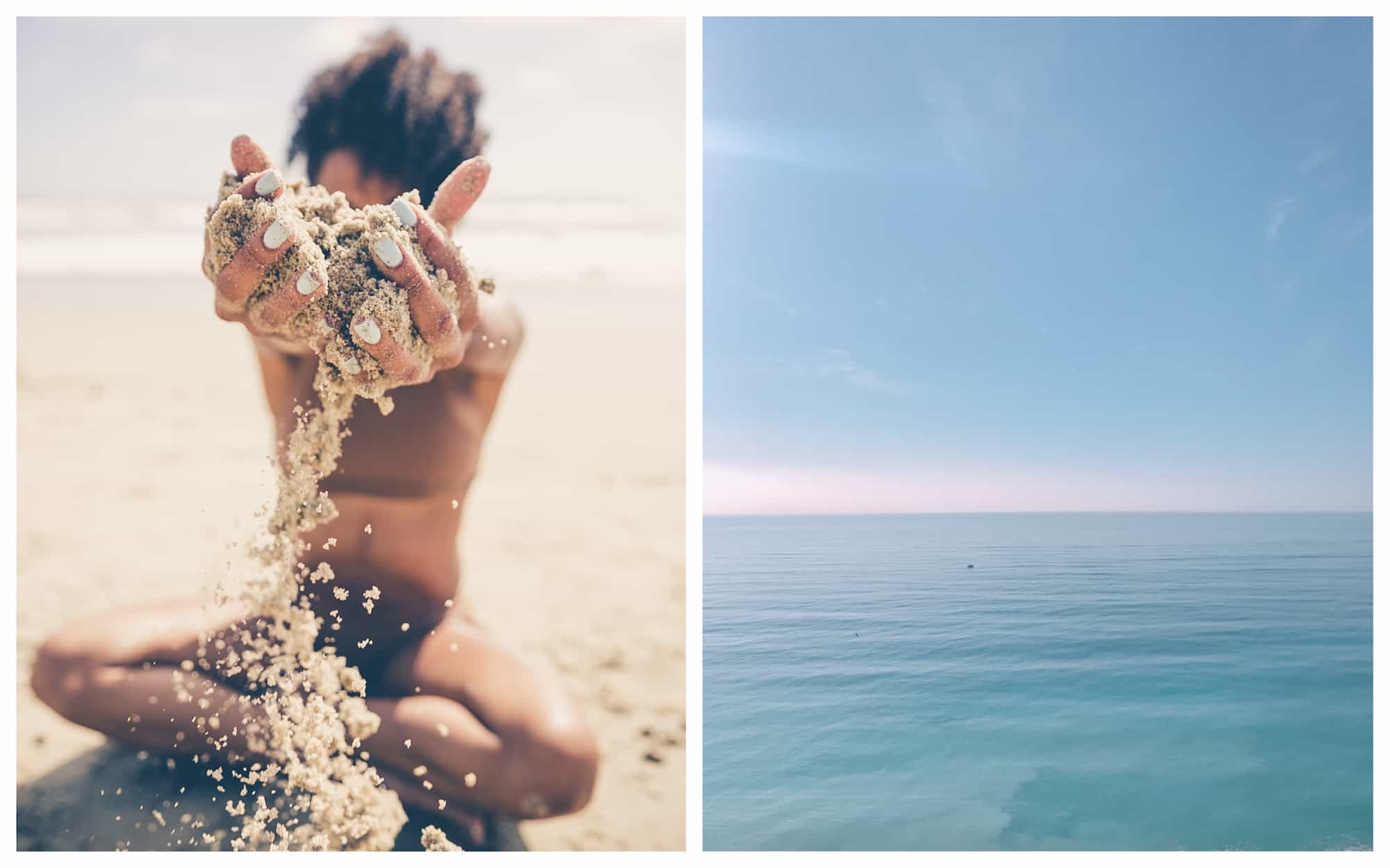 A woman sitting on a beach in a bikini, letting sand fall through her fingers (left). The blue waters of the ocean and the early morning sky before sunrise (right).