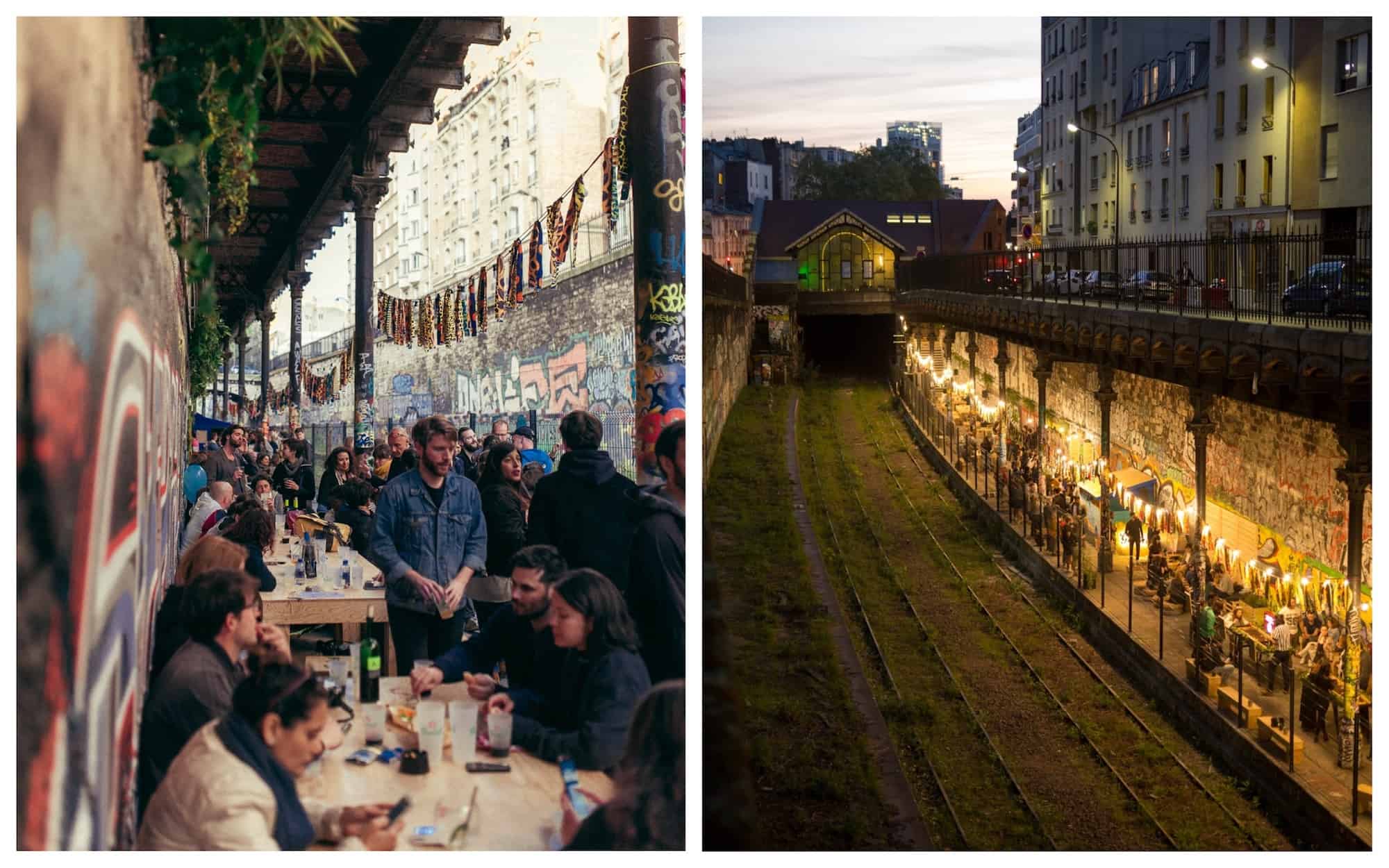 People having drinks on the terrace of Paris bar le Hasard Ludique, on the old platform of an abandoned train station (left). View from the street of the terrace lit up at night down by the disused railway (right).
