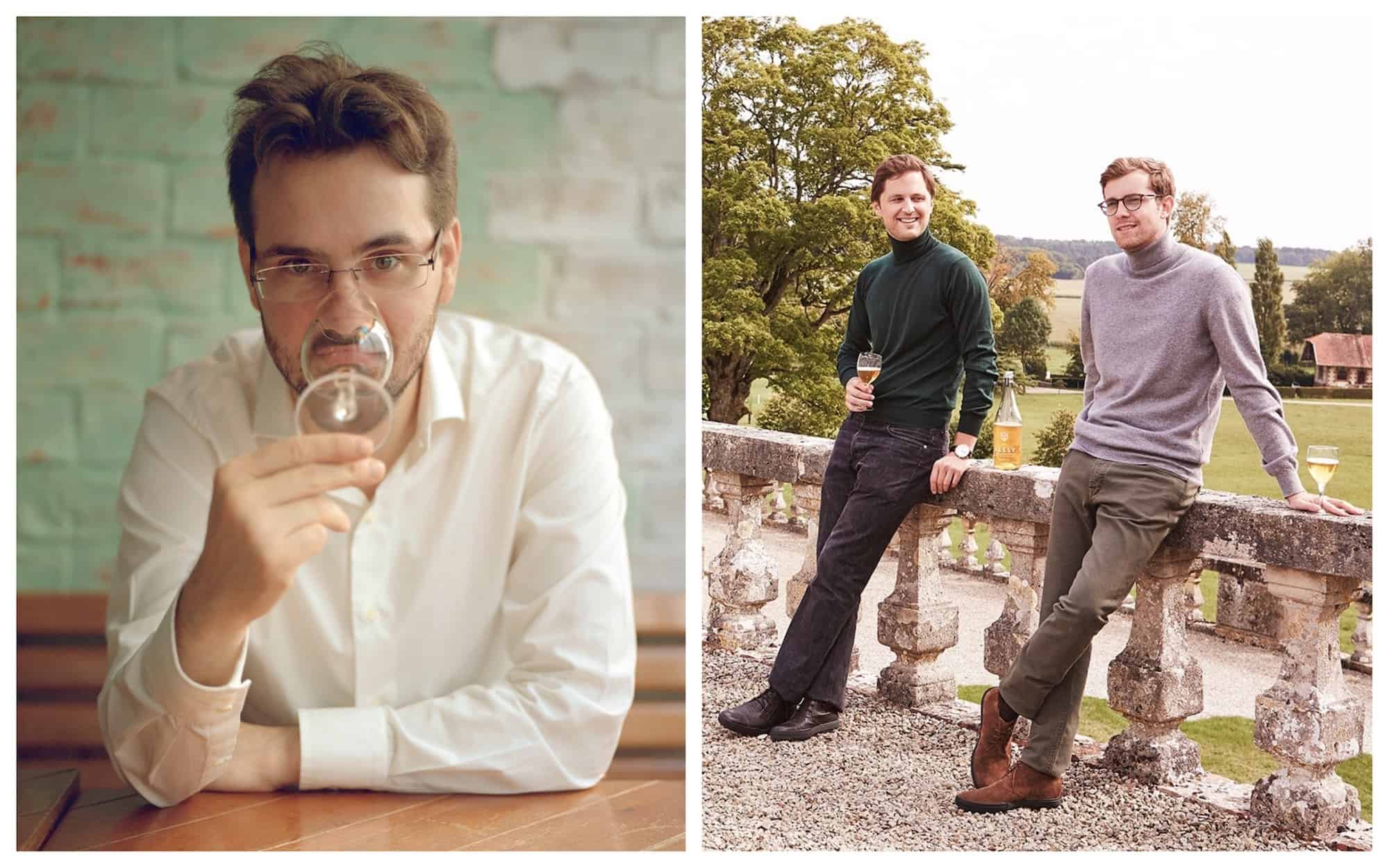 One of the best podcasts in Paris about cocktails is Paris Cocktail Talk by Forest Collins, pictured on the left holding a glass to his mouth, and on the right on a wine estate in France.