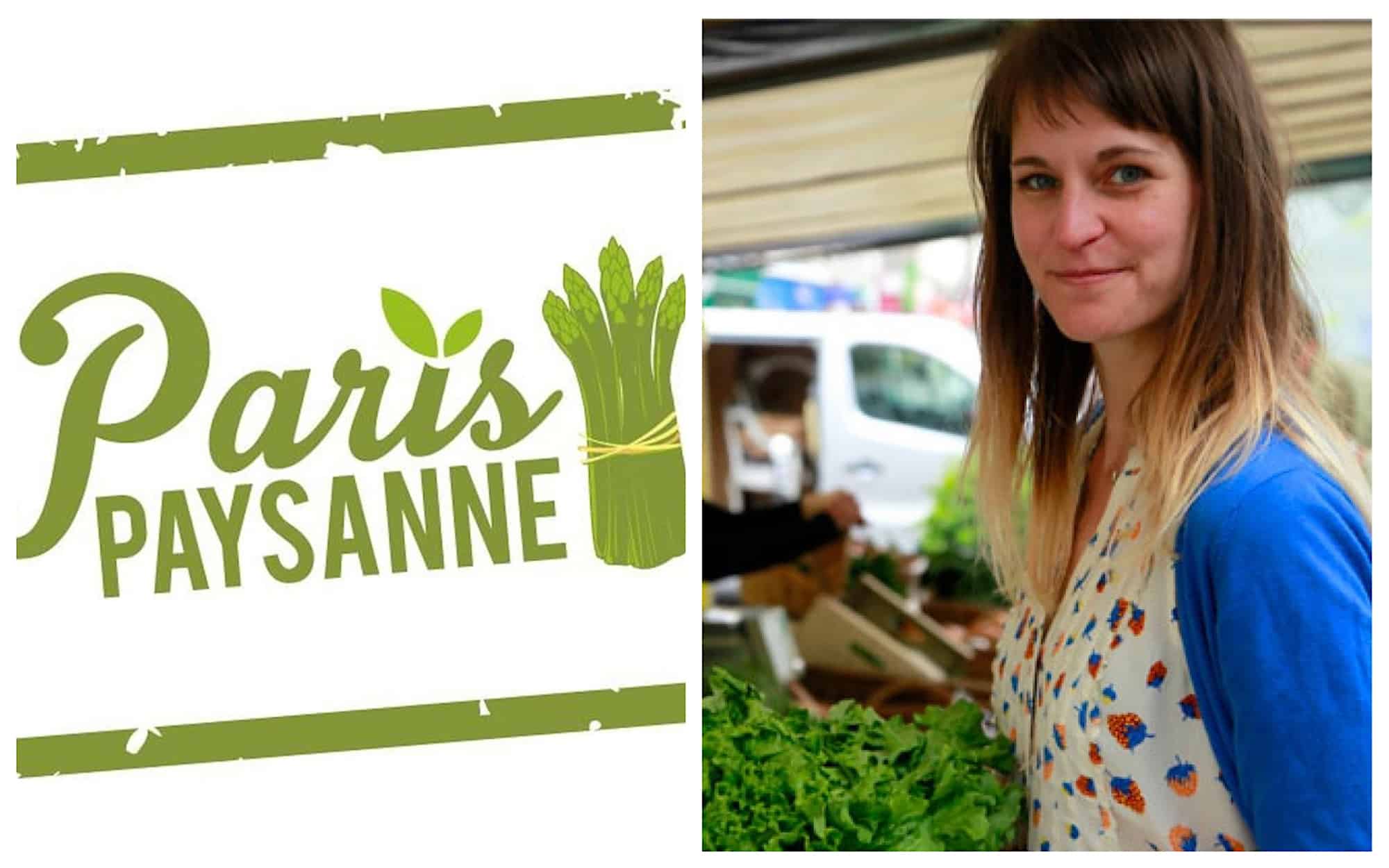 HiP Paris Blog rounds up the best Paris podcasts including Emily Dilling's Paris Paysanne show about eating in Paris. A poster for her shows (left) and a portrait of Emily at a market (right).