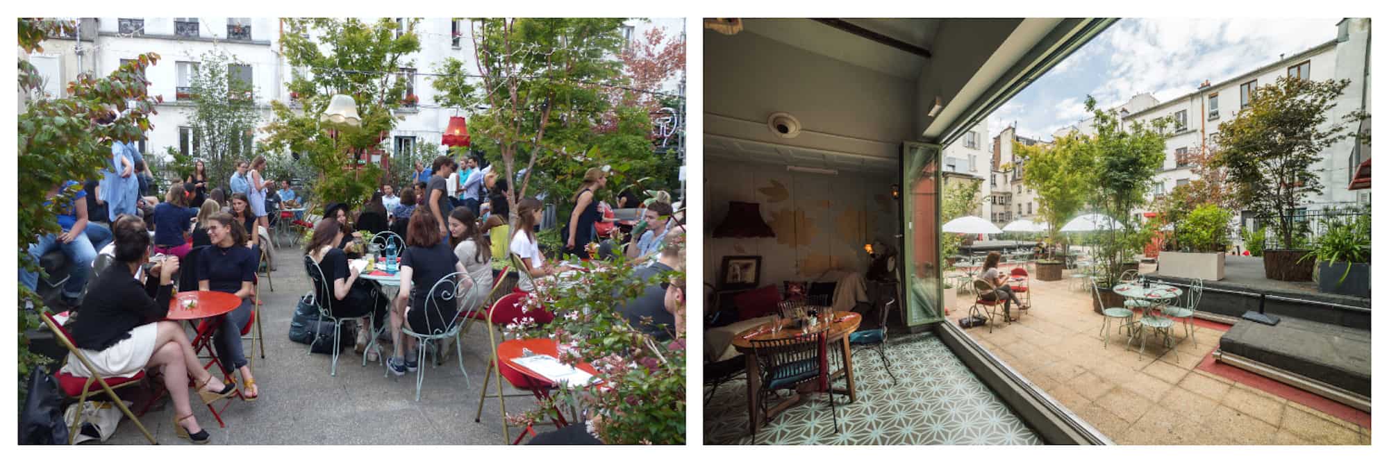 Locals having cocktails at the leafy Paris rooftop bar Le Bar à Bulles (left). Inside the shabby-chic Bar à Bulles, which leads out onto the terrace (right).