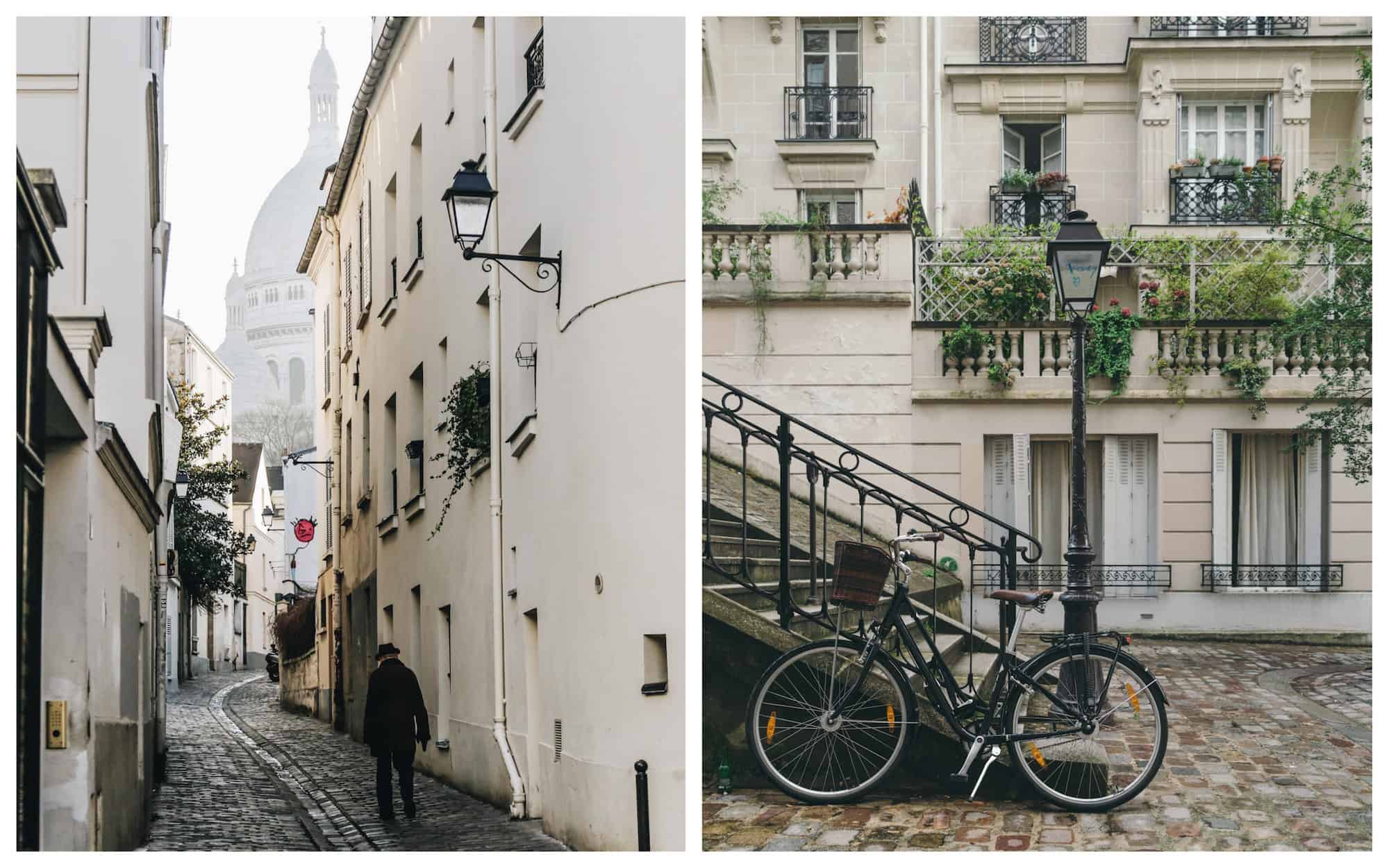 Before everyone is back in the city after the summer holidays, Paris empties, leaving you to enjoy the quiet streets of Montmartre like this lone man walking towards the Sacré Coeur (left). A bike with a basket parked on a cobblestone square in Montmartre (right).