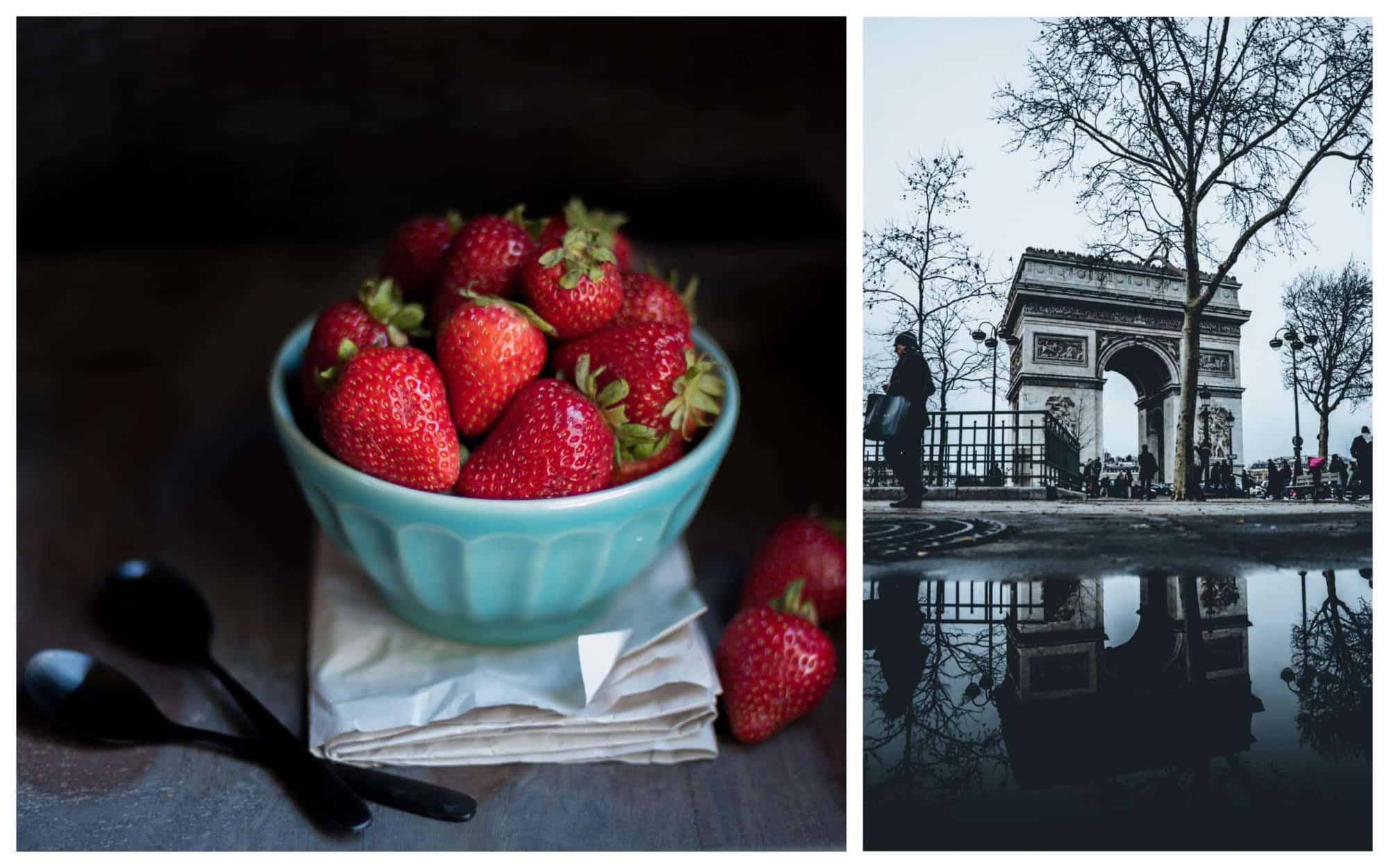 A blue bowl filled with red juicy strawberries, the perfect snack for summer in Paris (left). The Arc de Triomphe in Paris (right). 