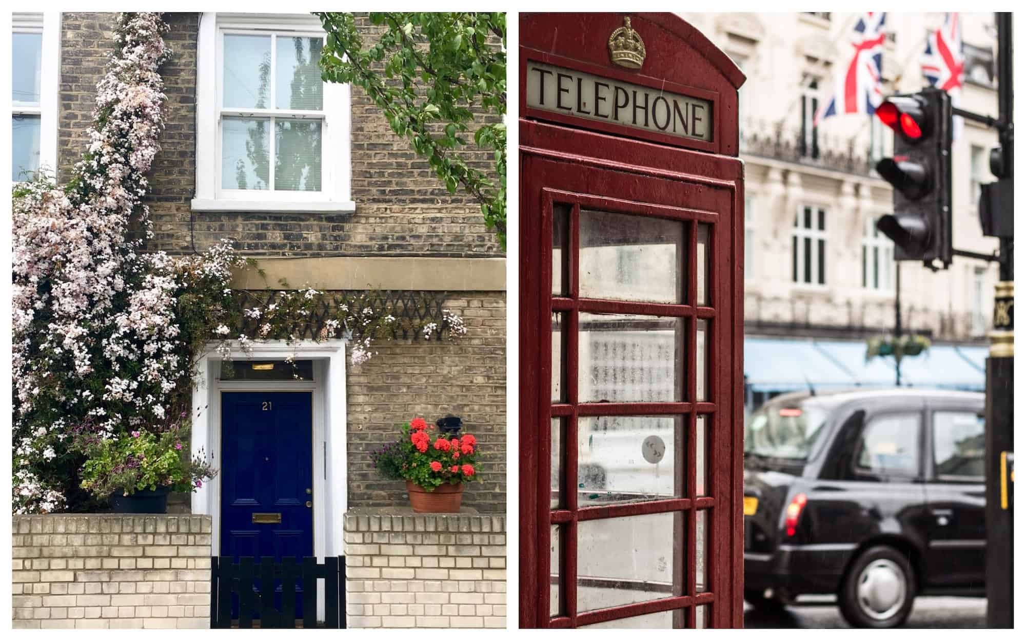 A London house with a blue door and pretty crawling plants in full bloom creeping up the brick walls (left). An old red telephone box with a black cab in the background in London (right).
