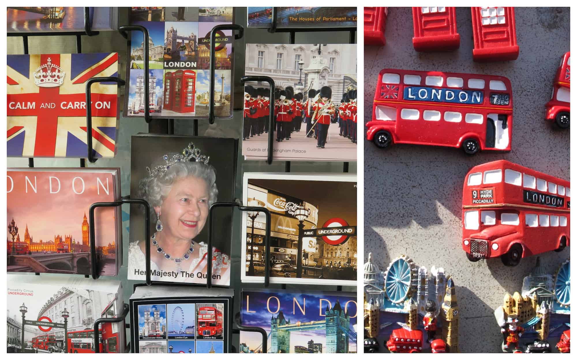 A London souvenir stall with postcards of the Royal Family and red double-decker bus magnets.