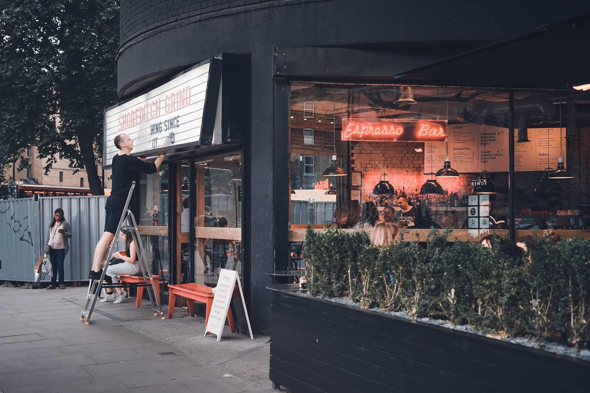 Kingdom of cool, Shoreditch is the place to go to see and be seen in its trendy restaurants like the Shoreditch Grind.