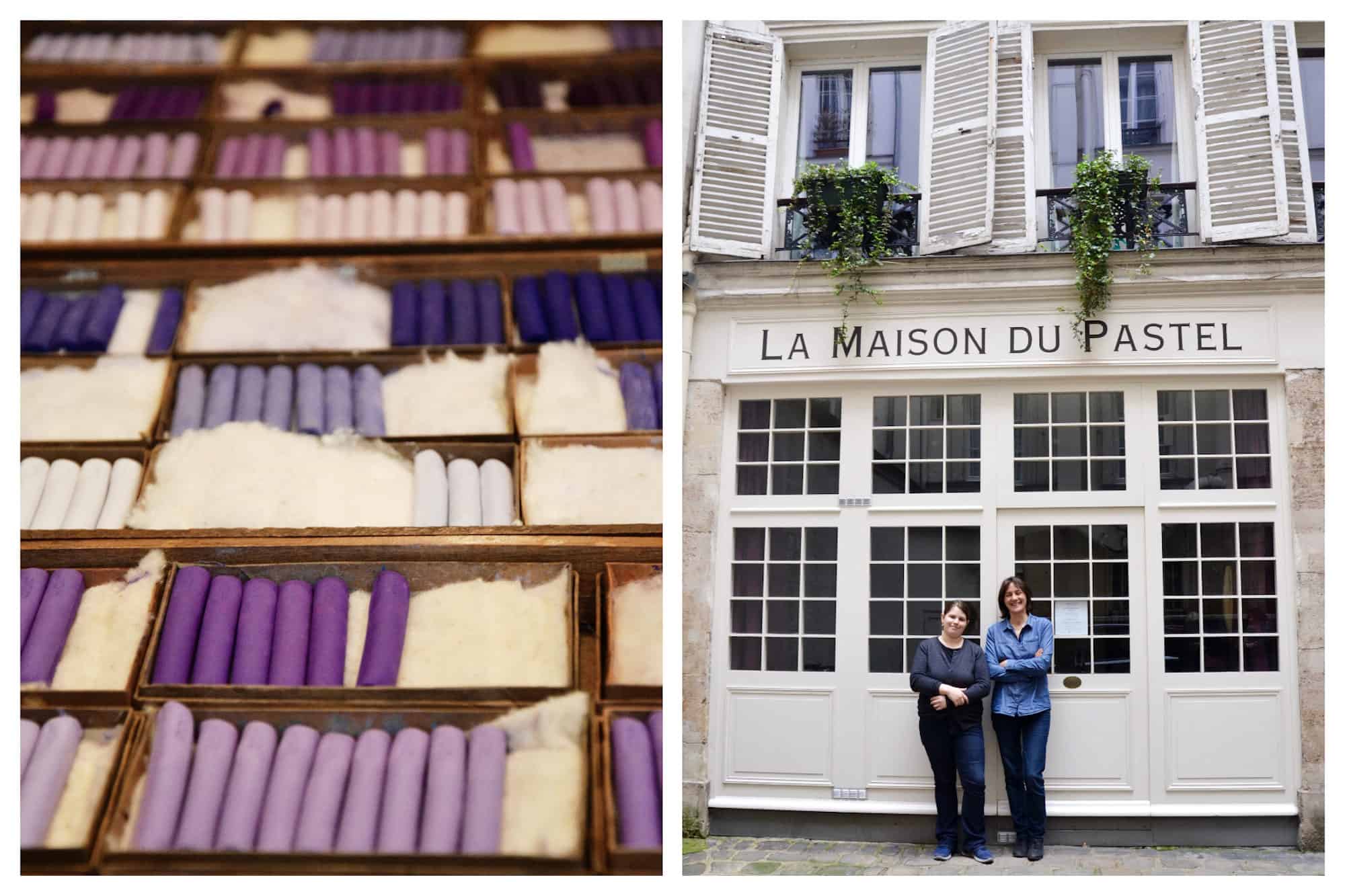 HiP Paris Blog explores the Maison du Pastel store in Paris that sells the most vibrantly colored pastels like these boxes of rich purples (left). Isabelle Roché and Margaret Zayer who run the Maison du Pastel and keep the Parisian landmark alive (right).