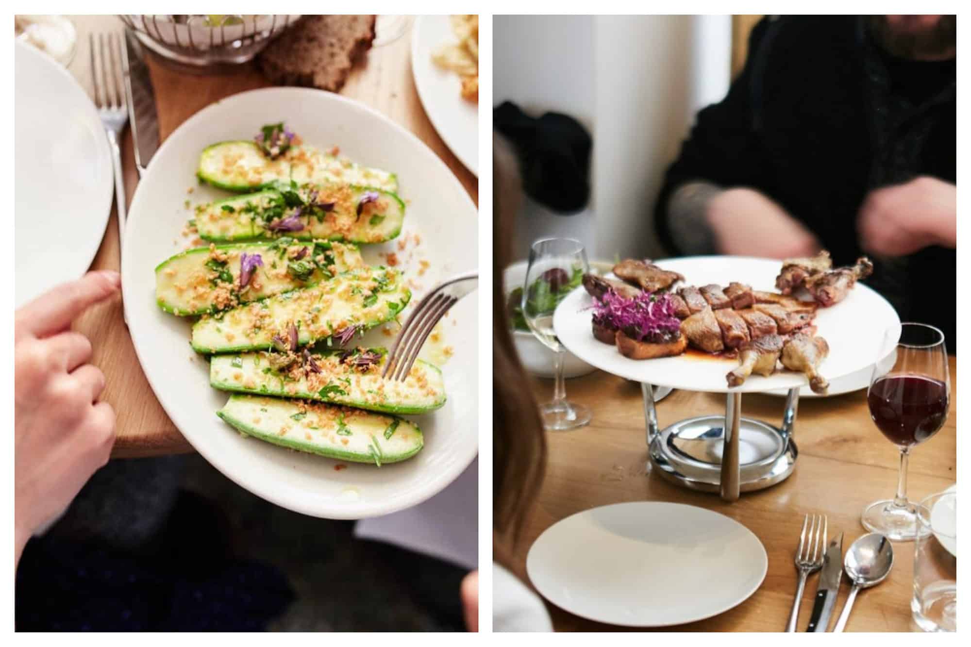 A go-to restaurant for great Italian food in Paris is Passerini for its crunchy courgettes (left) and meat dishes (right) as well as the hand-rolled pasta.