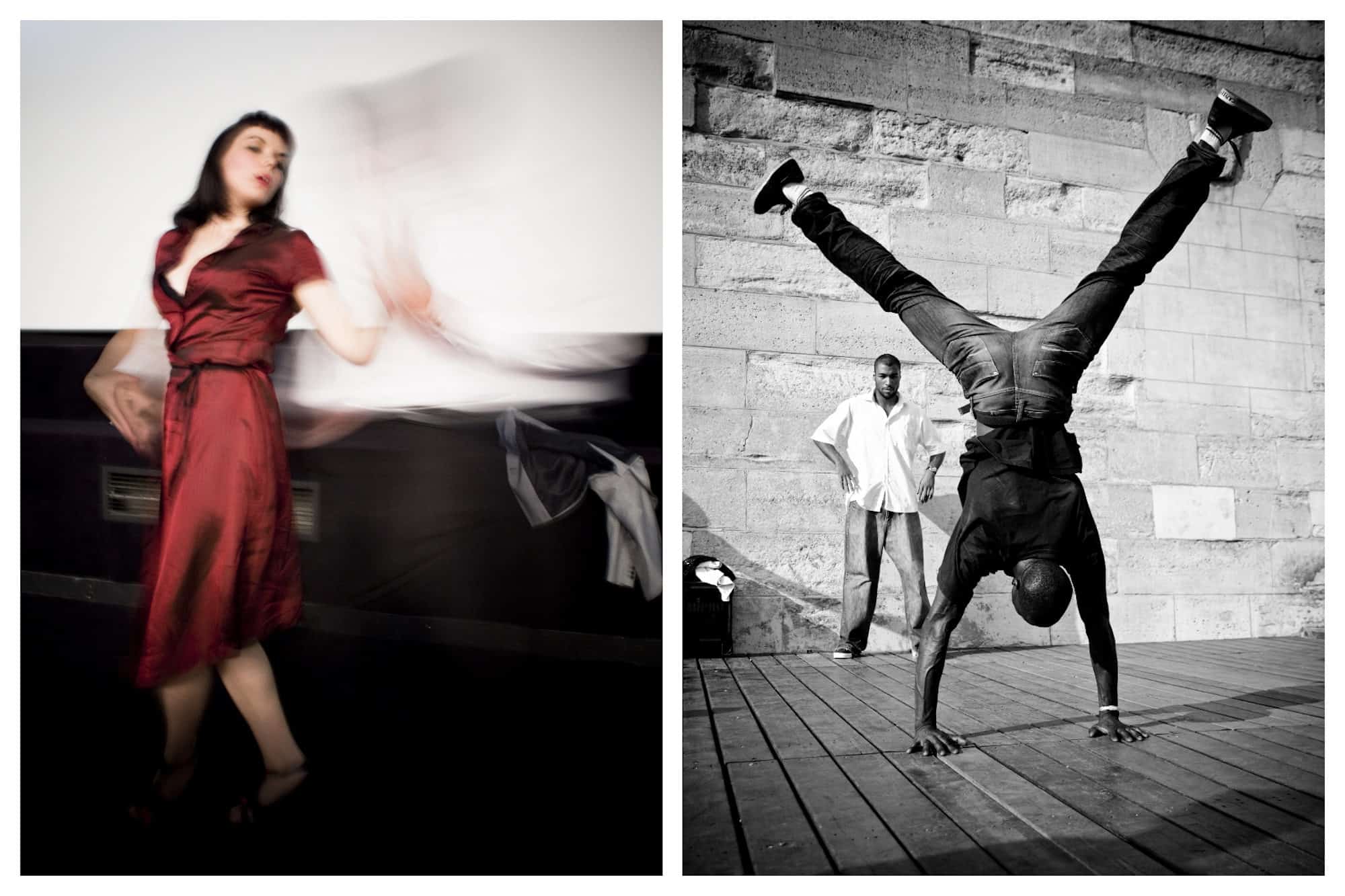 A woman in a red dress dancing at an African dance class in Paris (left). A man doing a handstand on stage (right). 