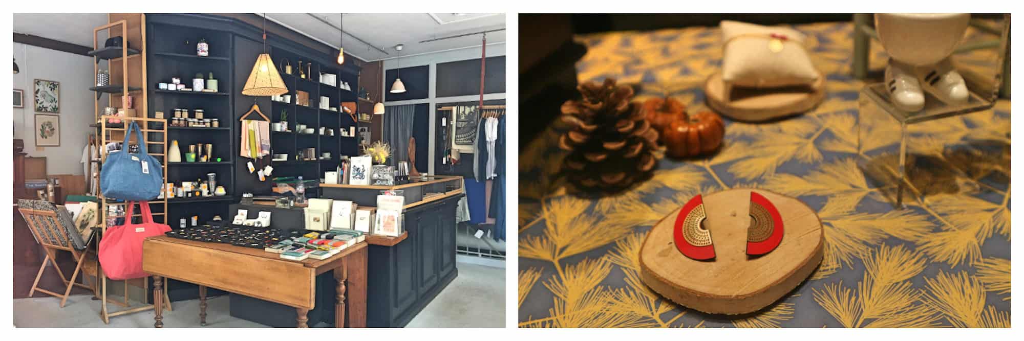 Places to go shopping in Paris in the Batignolles area include French Touche for its apparel and stationery (left) and L'Atelier Haut Perché for its handmade accessories (right).