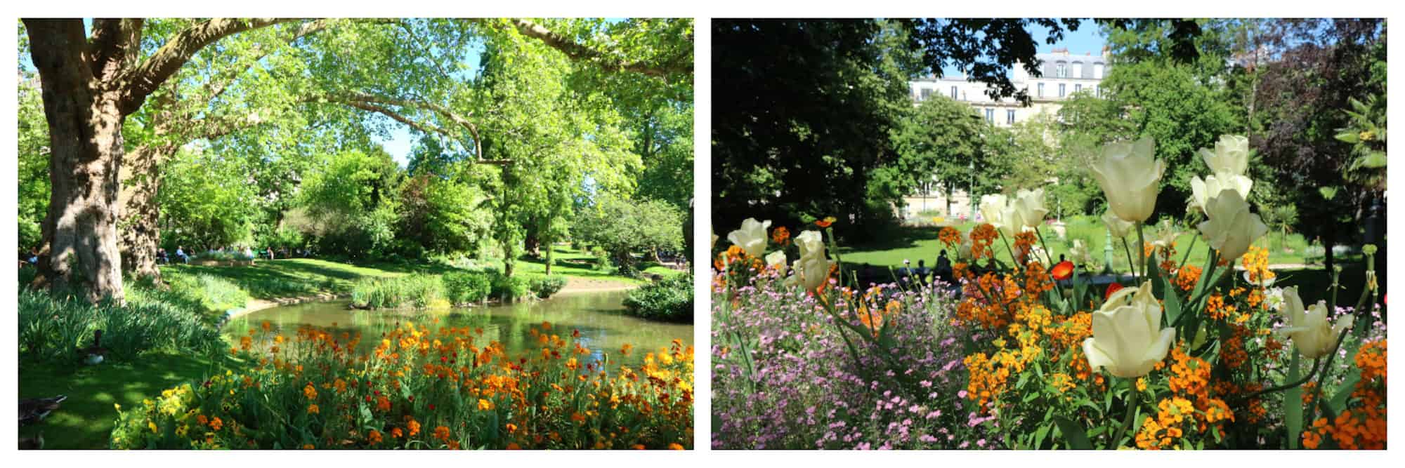 The idyllic Square des Batignolles park in Paris' 17th arrondissement with its pond and colorful flowers is the perfect summer spot in the city.
