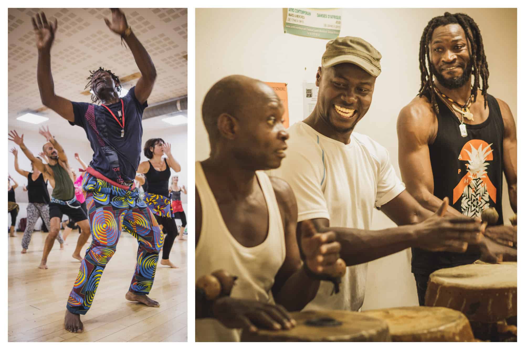A class in action at African dance studio Momboye in Paris (left). Three smiling live music performers on the drums lead the class (right).