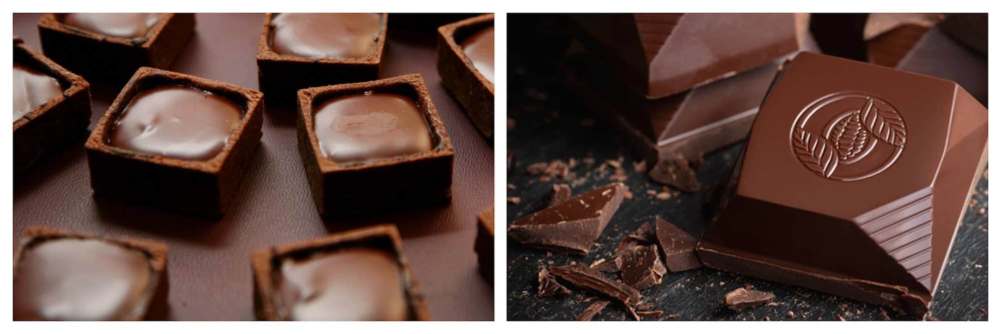 Creamy chocolate squares (left) and milk chocolate (right) at the Salon du Chocolat in Paris in October.