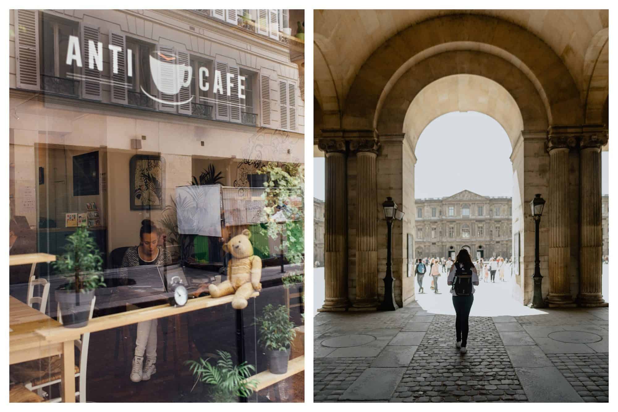Co-working coffee shops in Paris are all the rage, including the Anti-café seen here (left). Exploring the Louvre Museum in Paris and passing under the arched passageway from rue de Rivoli (right).