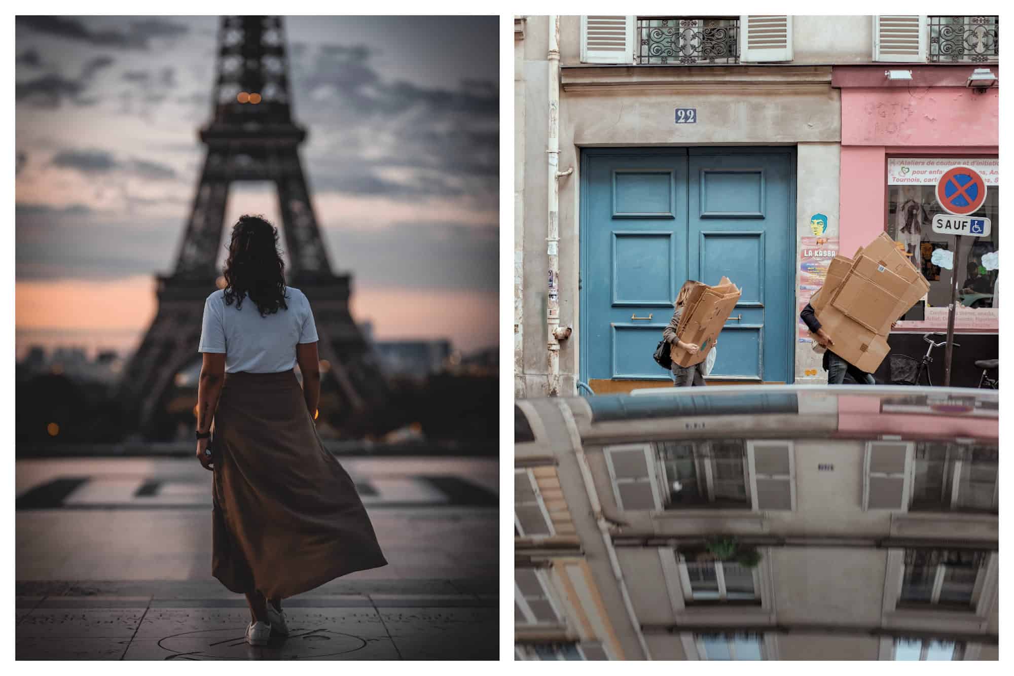 A woman at Trocadero, walking towards the Eiffel Tower at sunset (left). A couple carrying folded cardboard boxes on a Paris street passing a blue door and pink wall (right).