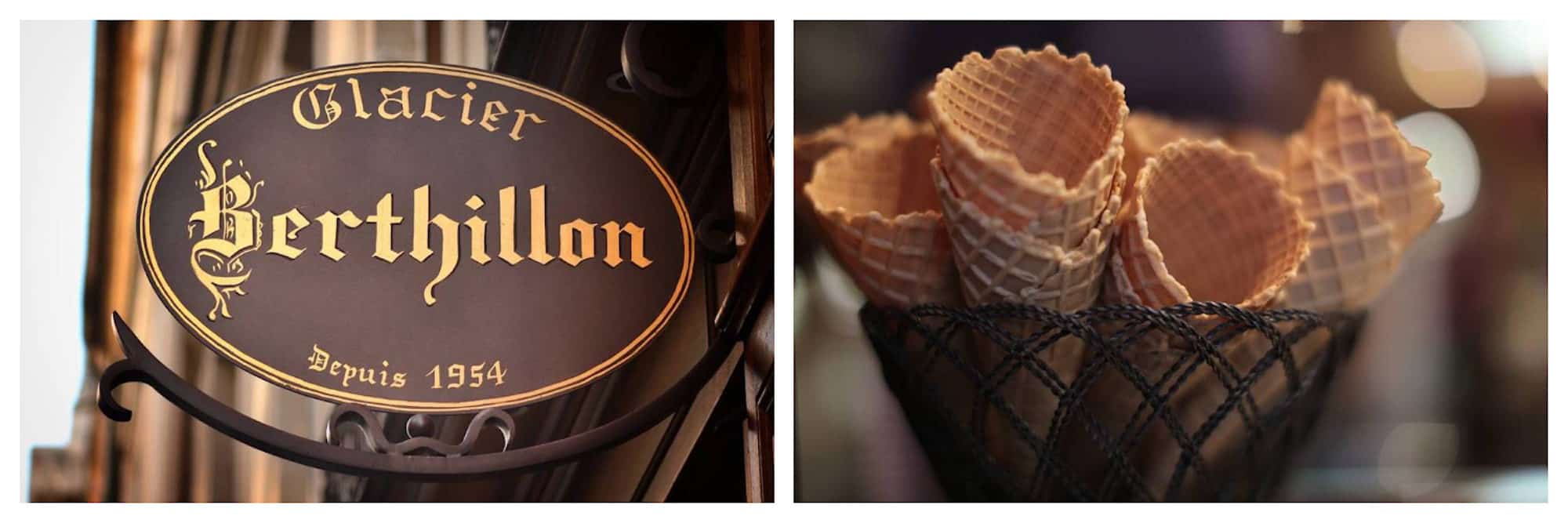 There's no place like Berthillon for ice cream in Paris (left). Delicate Berthillon ice cream cones in a wire basket (right). 