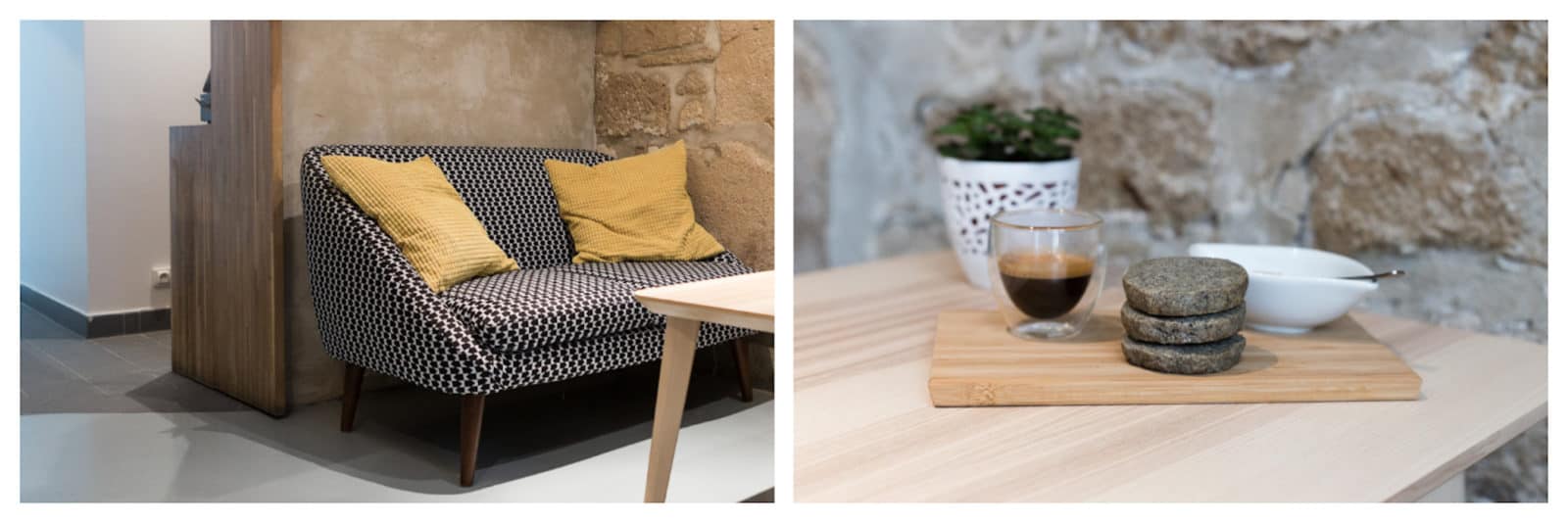 HOPE restaurant in the Marais serves delicious veggie burgers with a side of soothing Scandinavian style interiors with couches upholstered in natural fibres (left). Coffee laid out on a smooth wooden table (right).