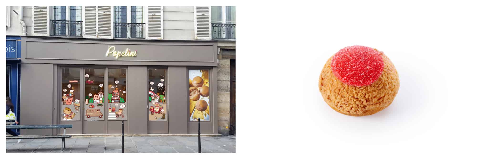 Outside chou patisserie Popelini (left). A chou with fruity filling against a white background (right).