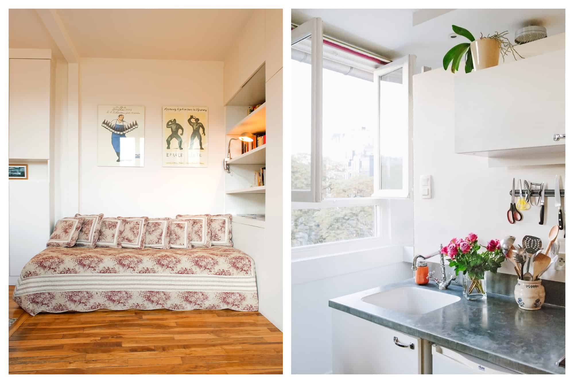 A studio for rent in Paris in Montmartre with a comfy fold-out sofa bed (left). The open window of a kitchen in a rental apartment in Paris (right).