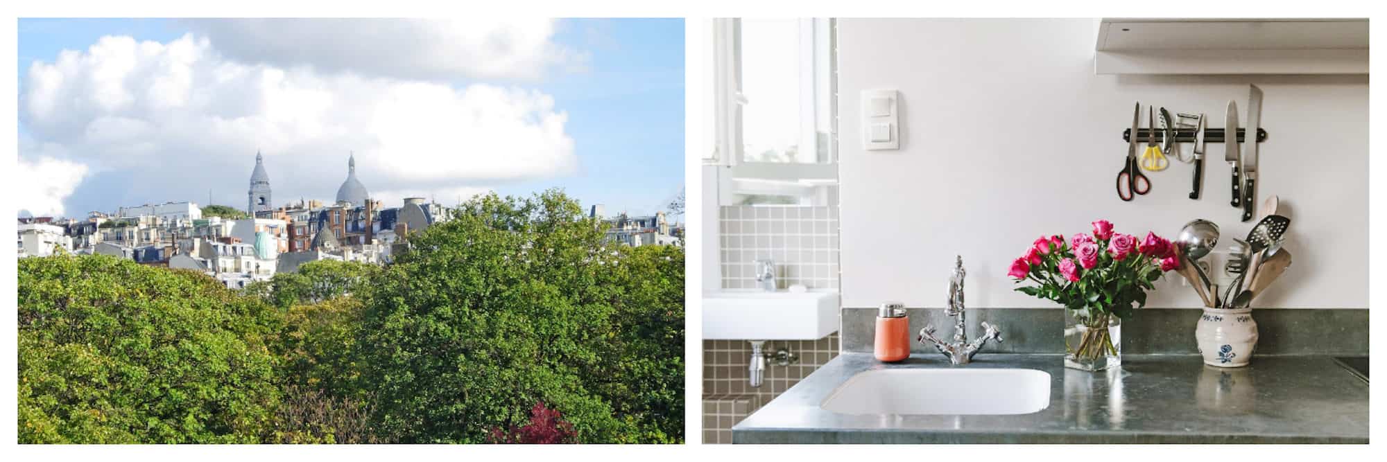 Beautiful Paris spots then and now, including a canopy of trees with the Sacré Coeur Basilica peeping out the top (left). A bunch of pink tulips on the counter of a Paris rental apartment (right).