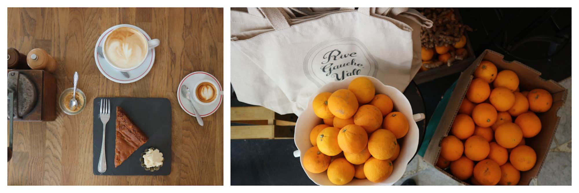 Warm home-made chocolate cake with ice cream on a slate plate with creamy coffee on a wooden table (left) and bowls of fresh oranges with a white tote bag (right) at Treize au Jardin coffee shop in Paris 
